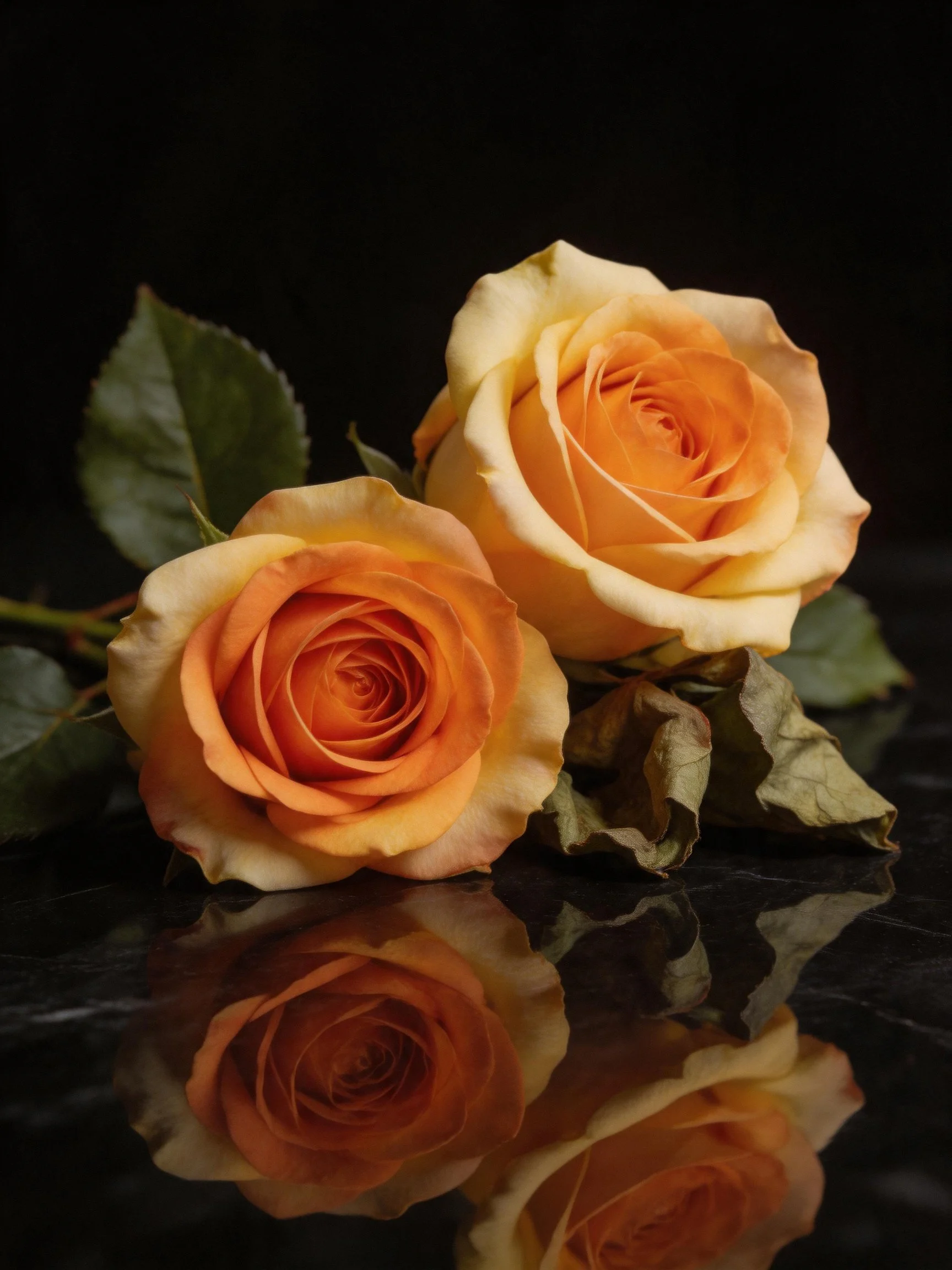 Two orange-yellow roses rest on a glossy black surface