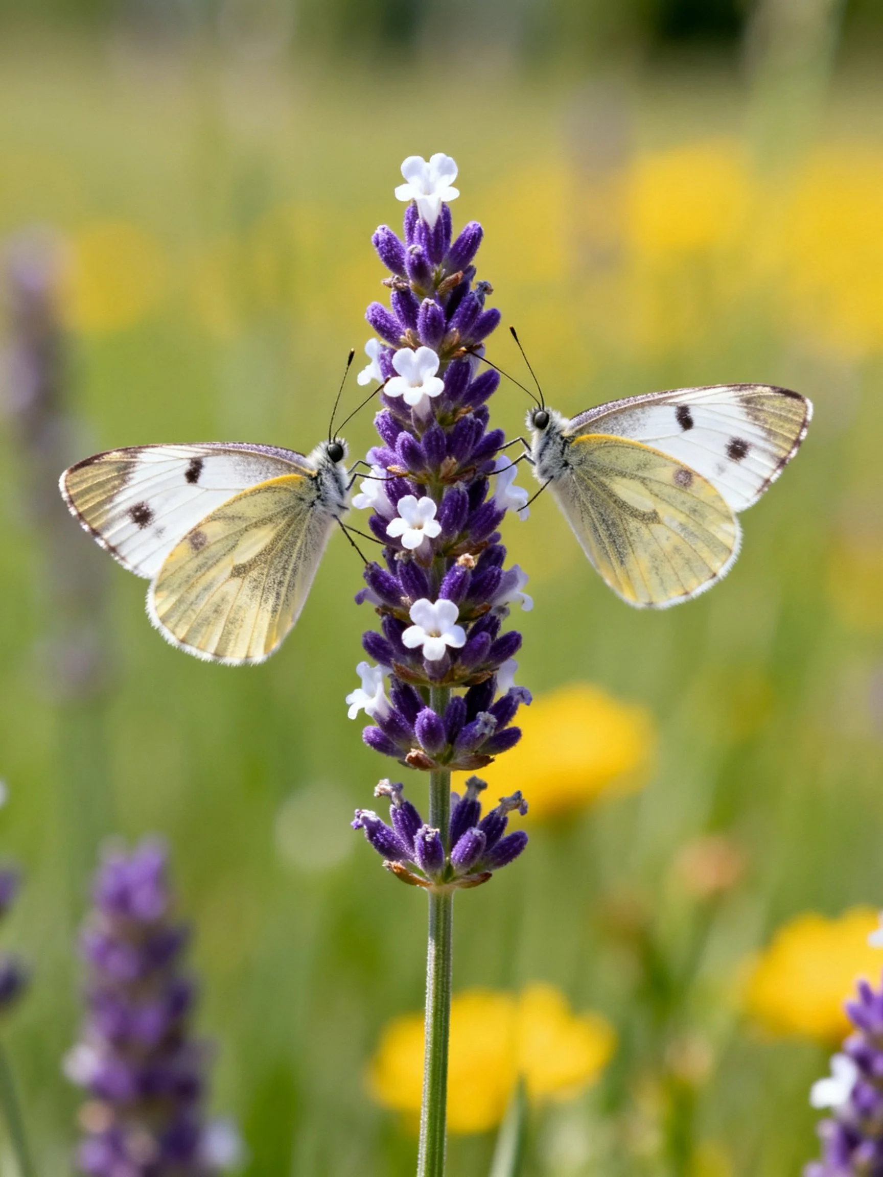 Two pale butterflies gather on purple lavender with white blooms