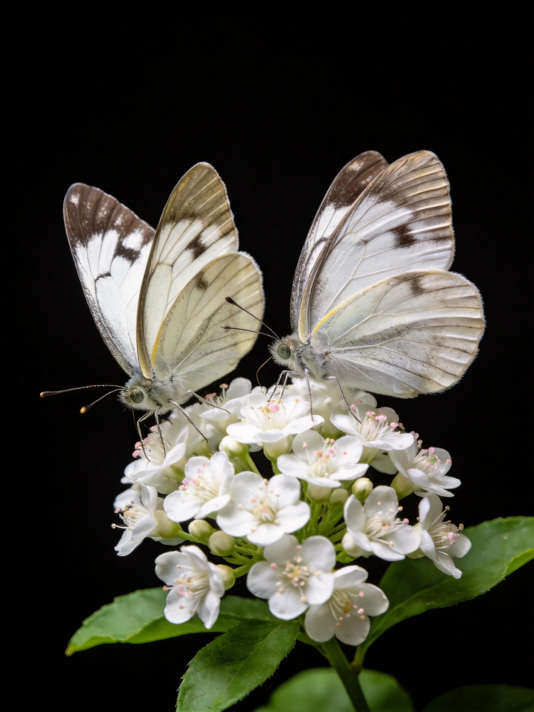 Two pale butterflies rest on small white clustered flowers with a black background