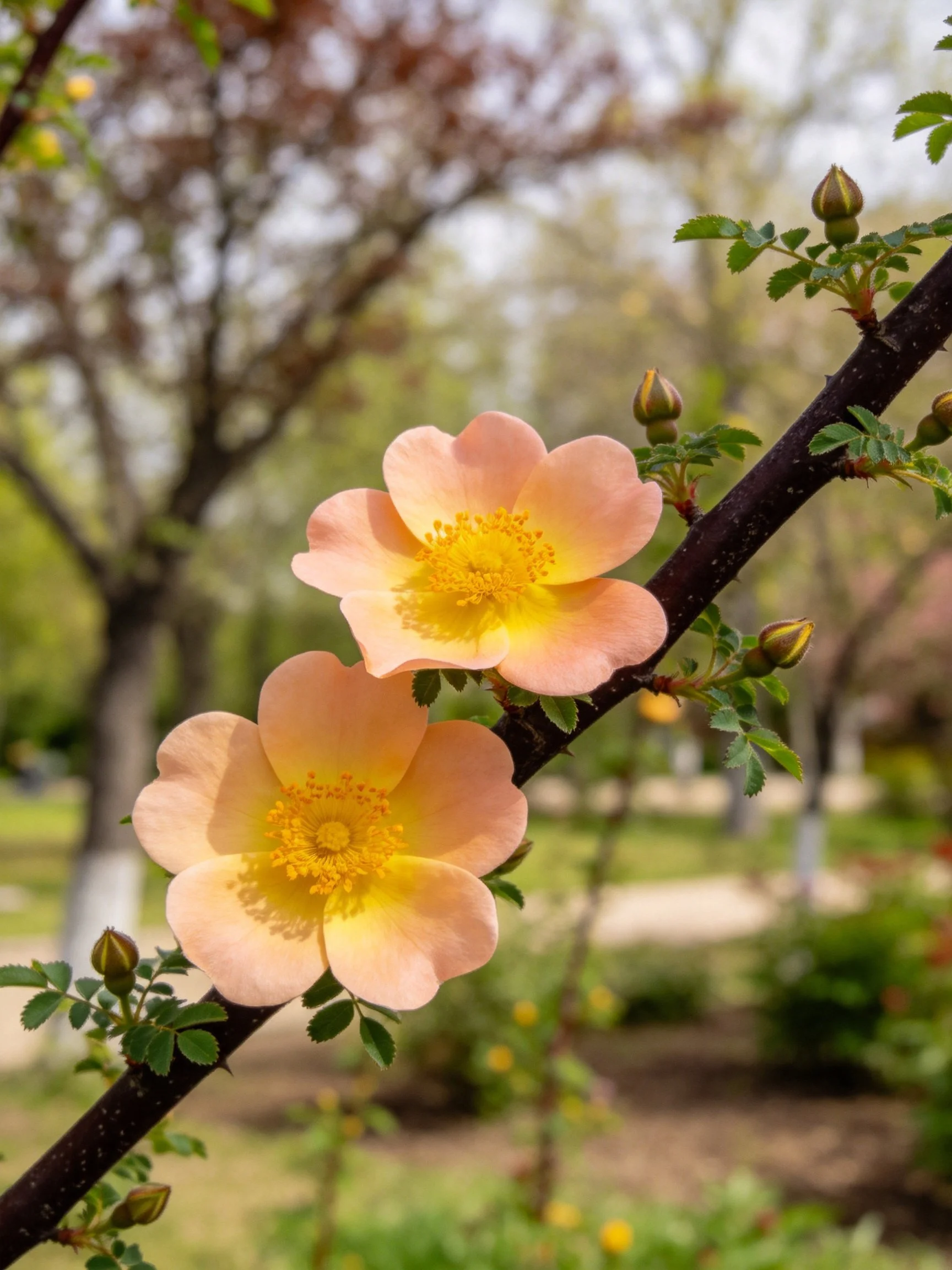 Two pale orange roses with yellow centers bloom on a dark branch among green buds