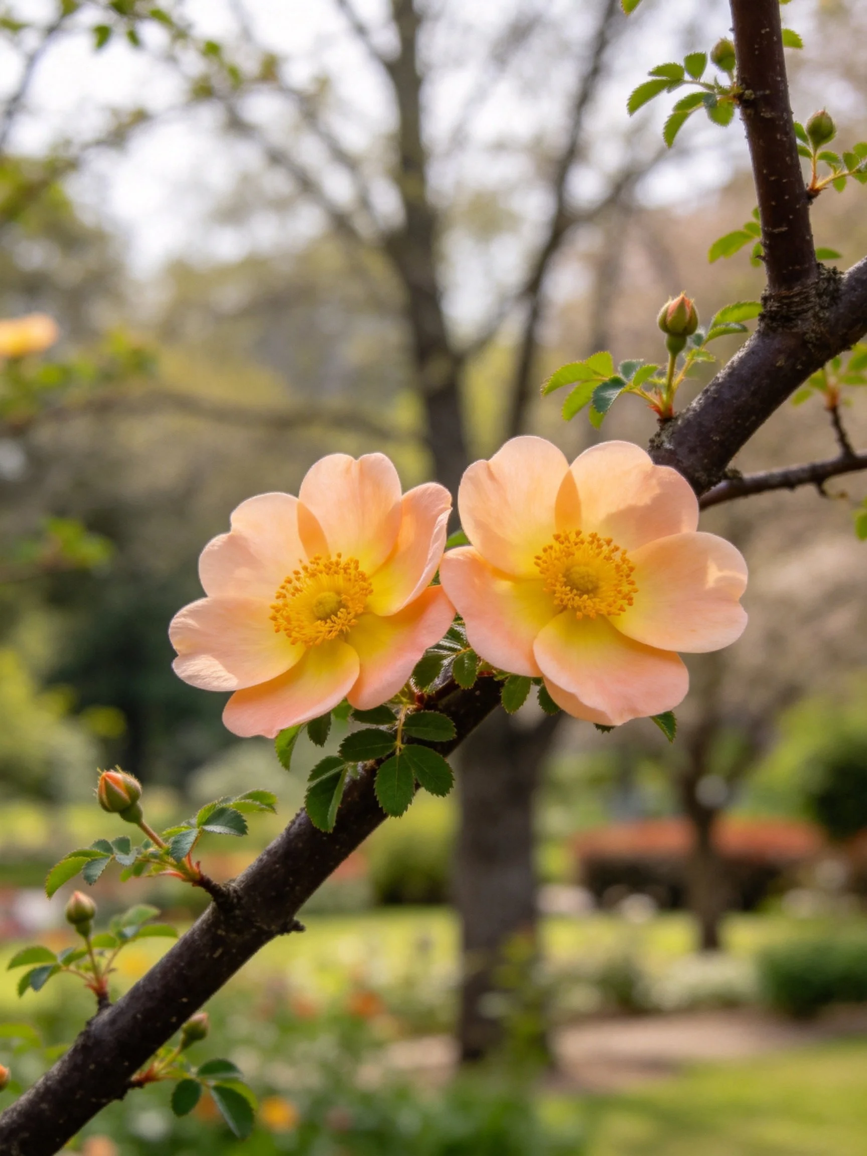 Two pale peach roses with yellow centers on a dark branch