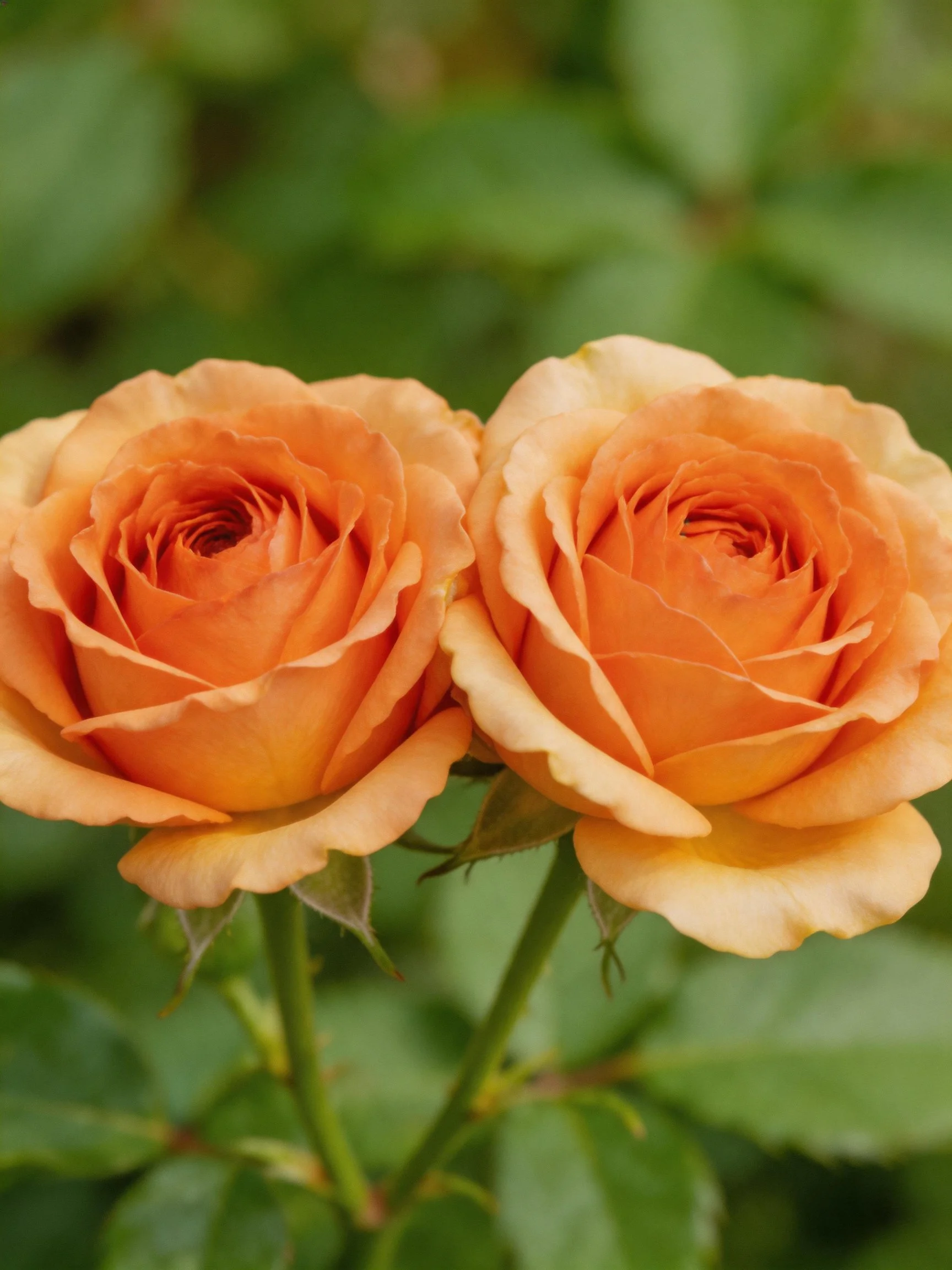 Two peach-colored roses bloom closely together against green foliage.
