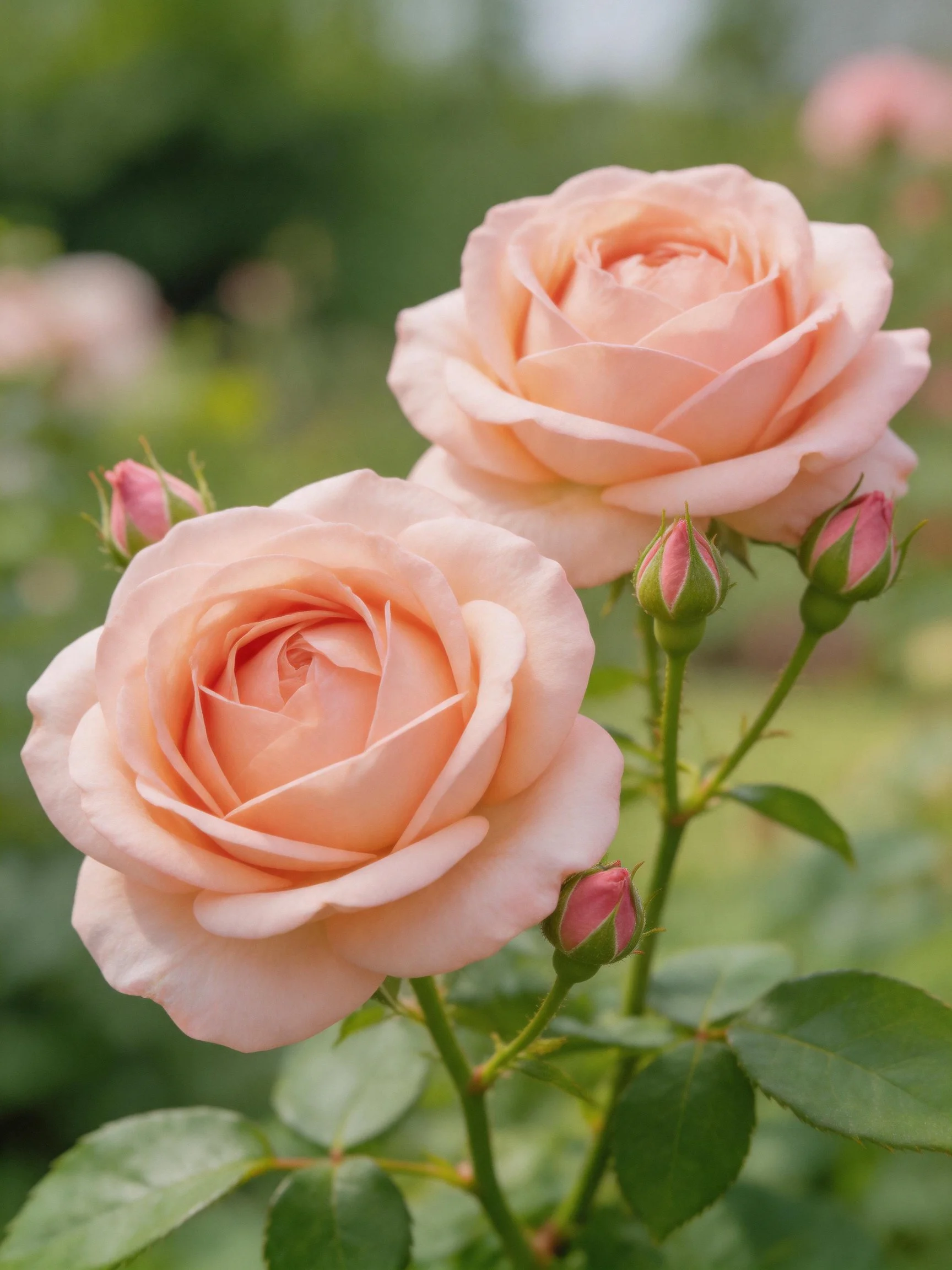 Two peach roses bloom with unopened buds amidst green foliage
