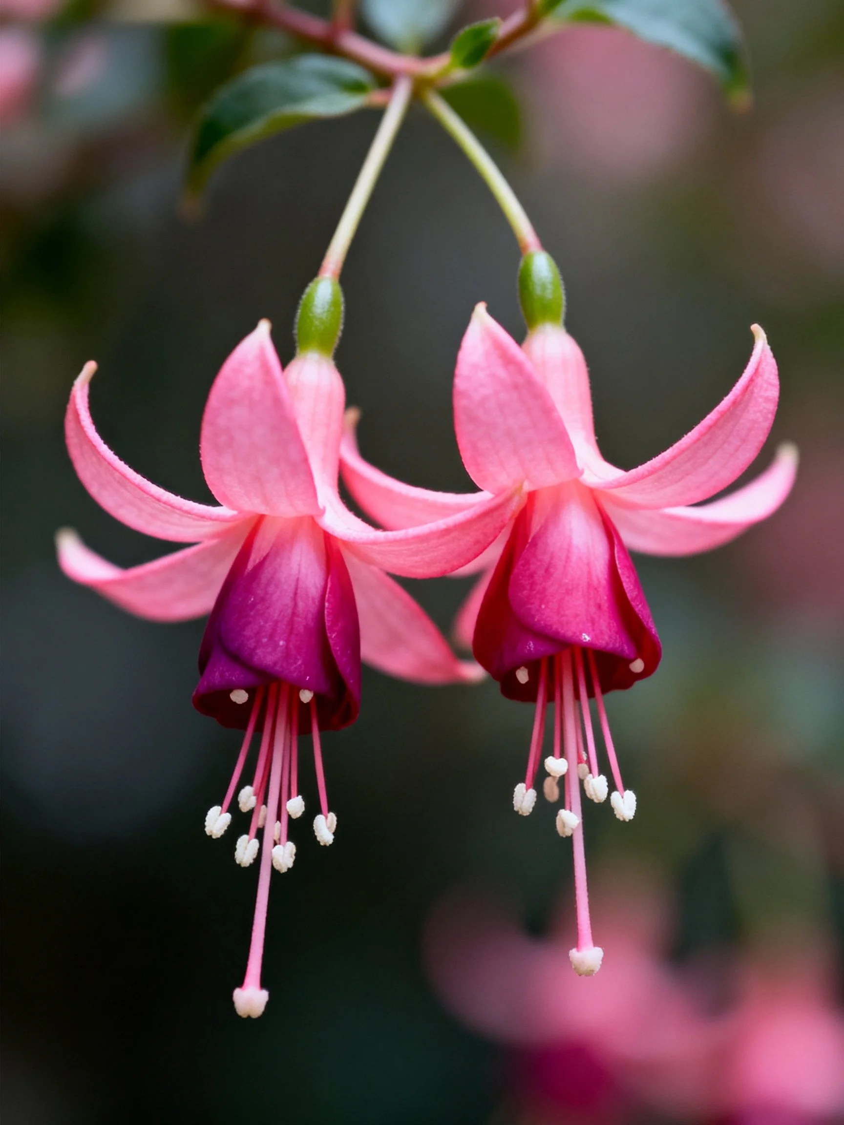 Two pink and magenta fuchsia flowers with green flowerbuds