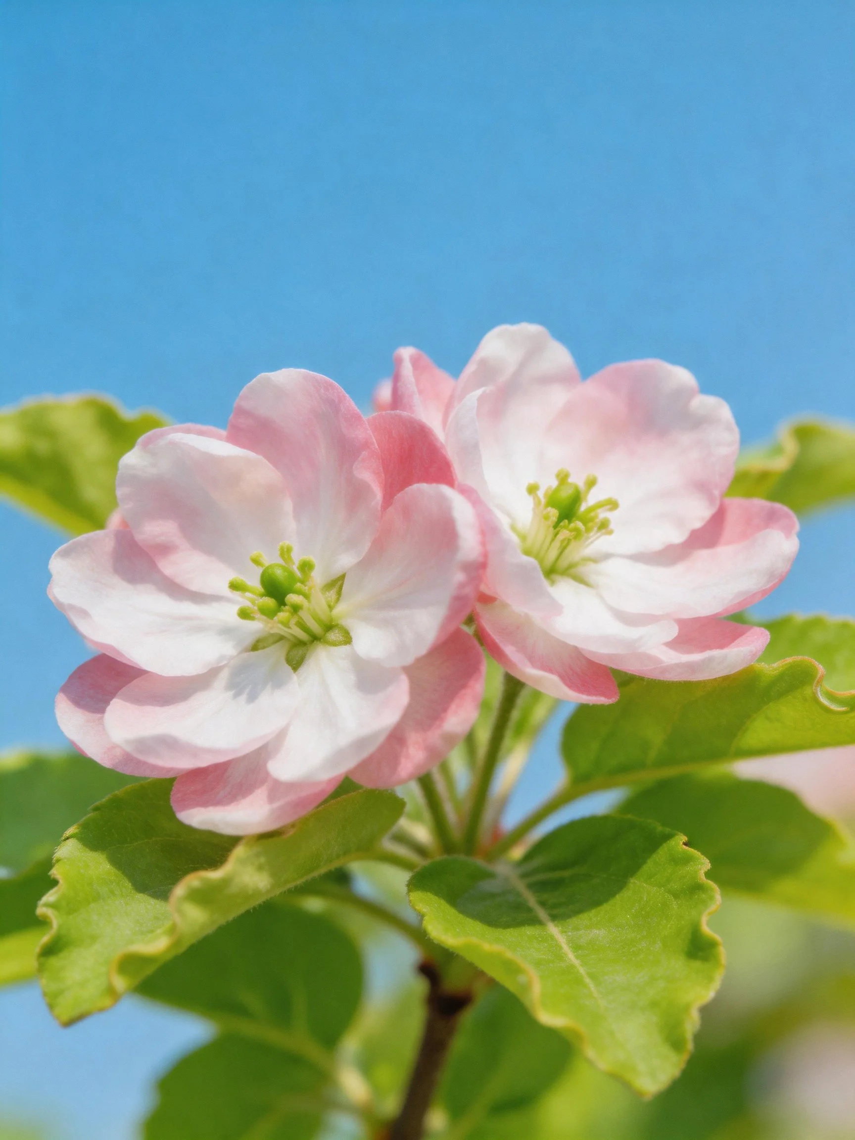 Two pink and white apple blossoms with green leaves against blue sky