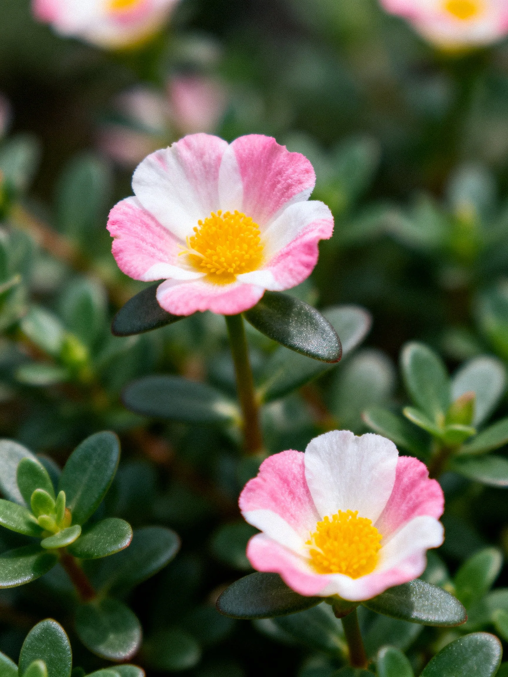 Two pink-and-white blooms with yellow centers amid lush greenery