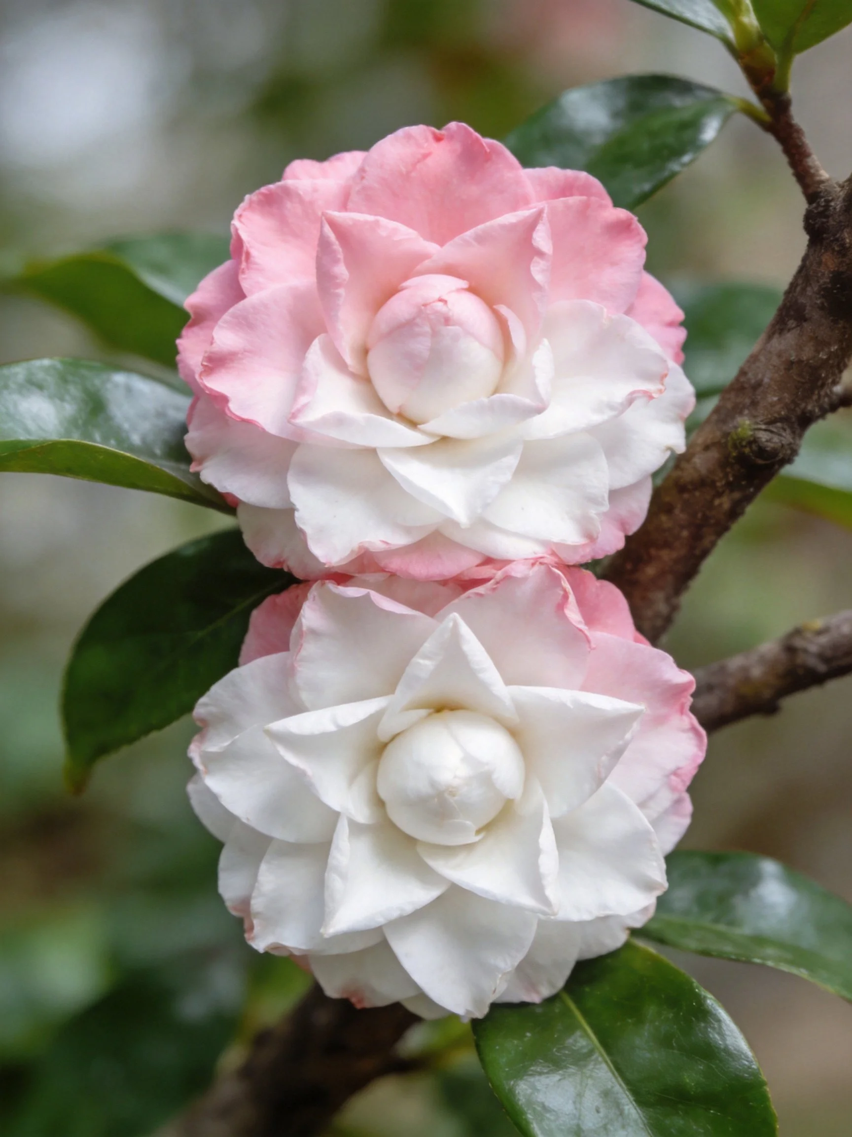 Two pink and white camellia blooms on a tree branch