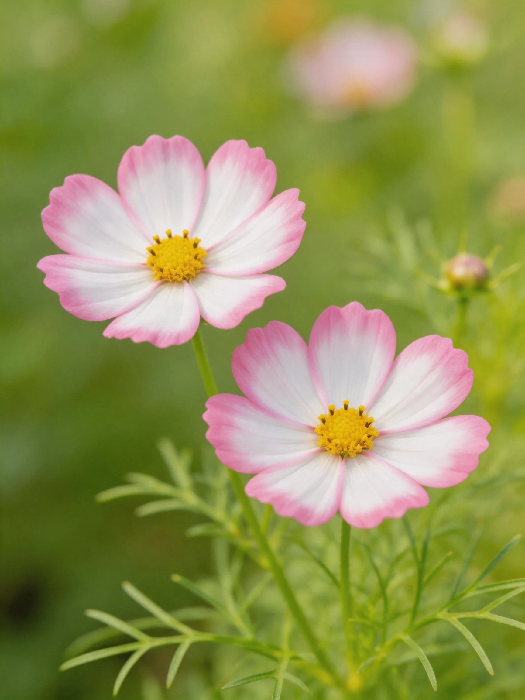 Two pink-and-white cosmos flowers with yellow centers in green foliage