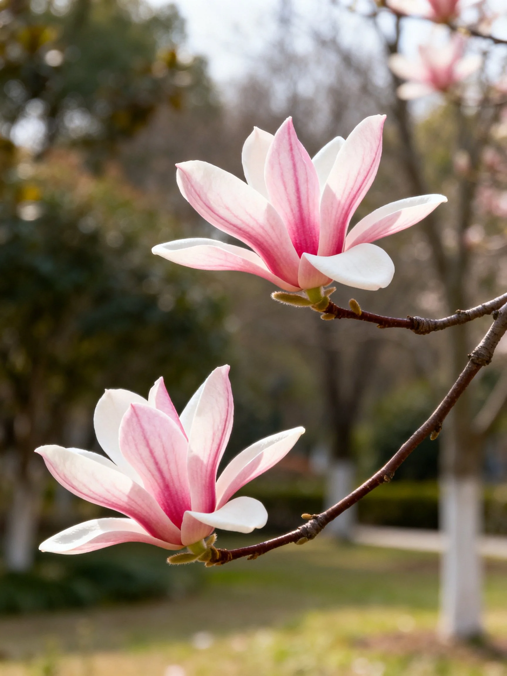 Two pink and white magnolia blooms on tree branches