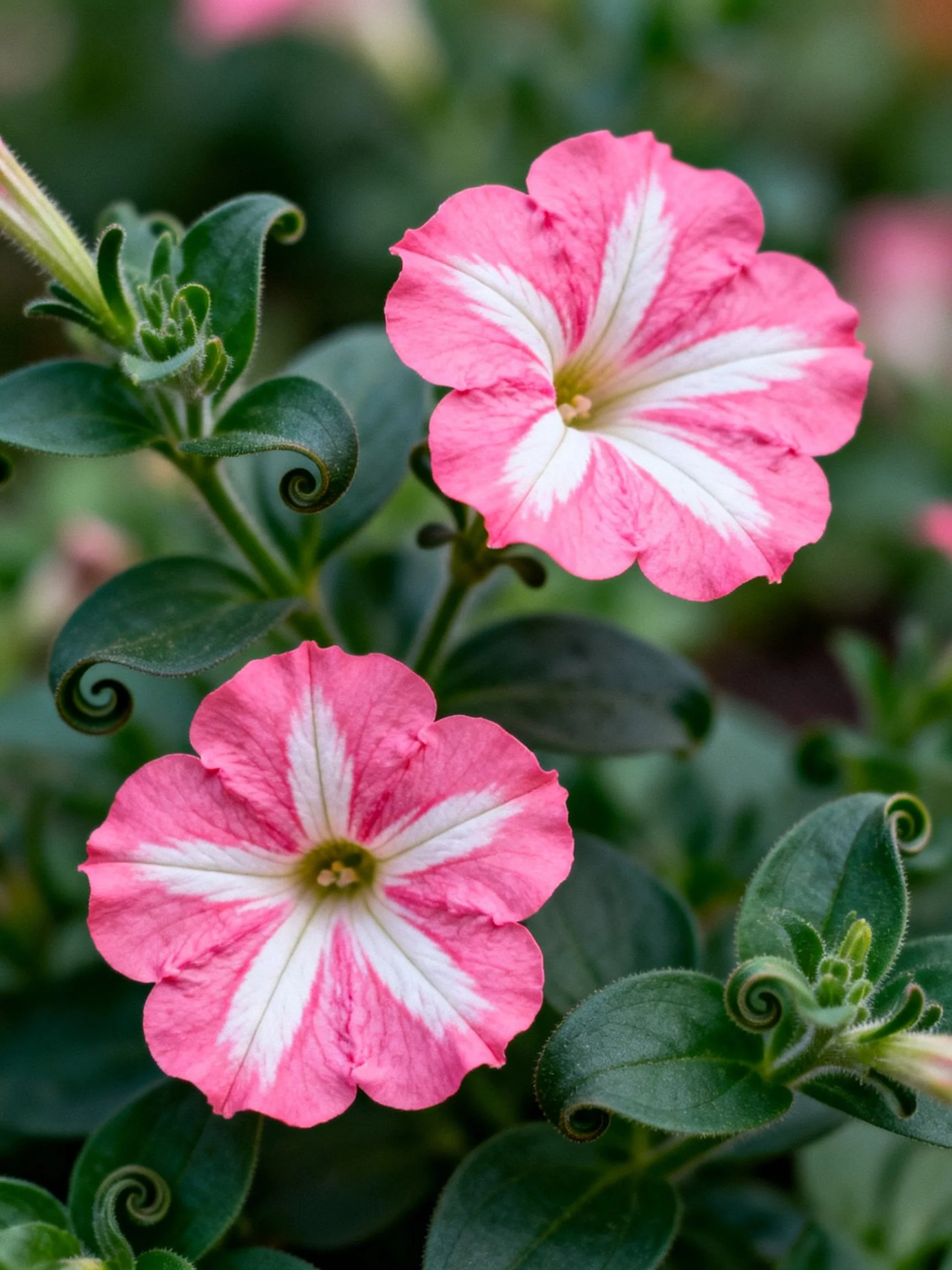 Two pink-and-white petunia flowers with curled green leaves