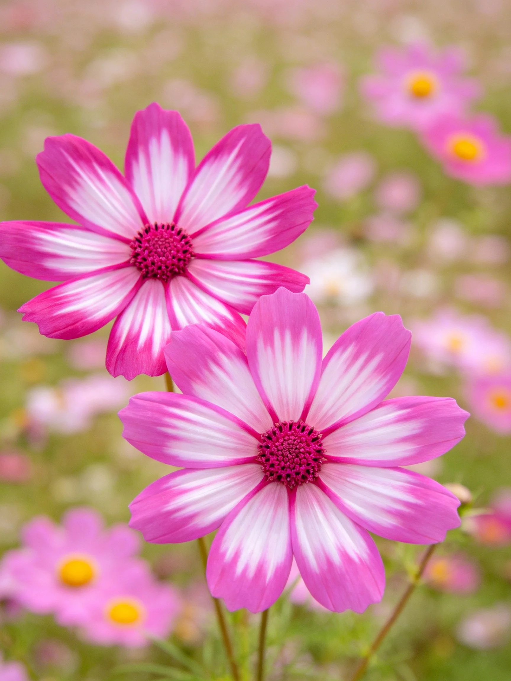 Two pink and white striped cosmos flowers in a soft bokeh garden