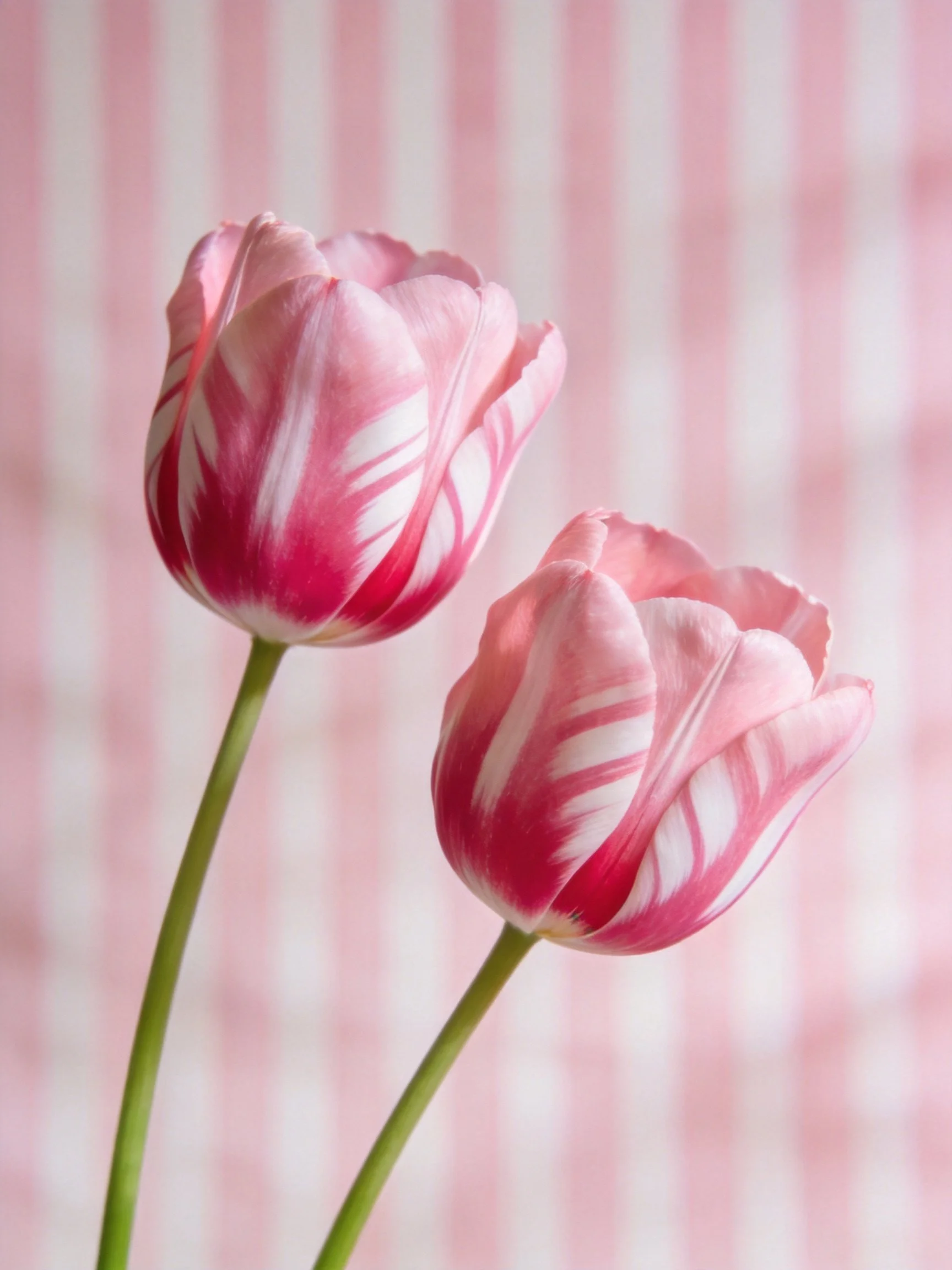 Two pink and white striped tulips with green stems