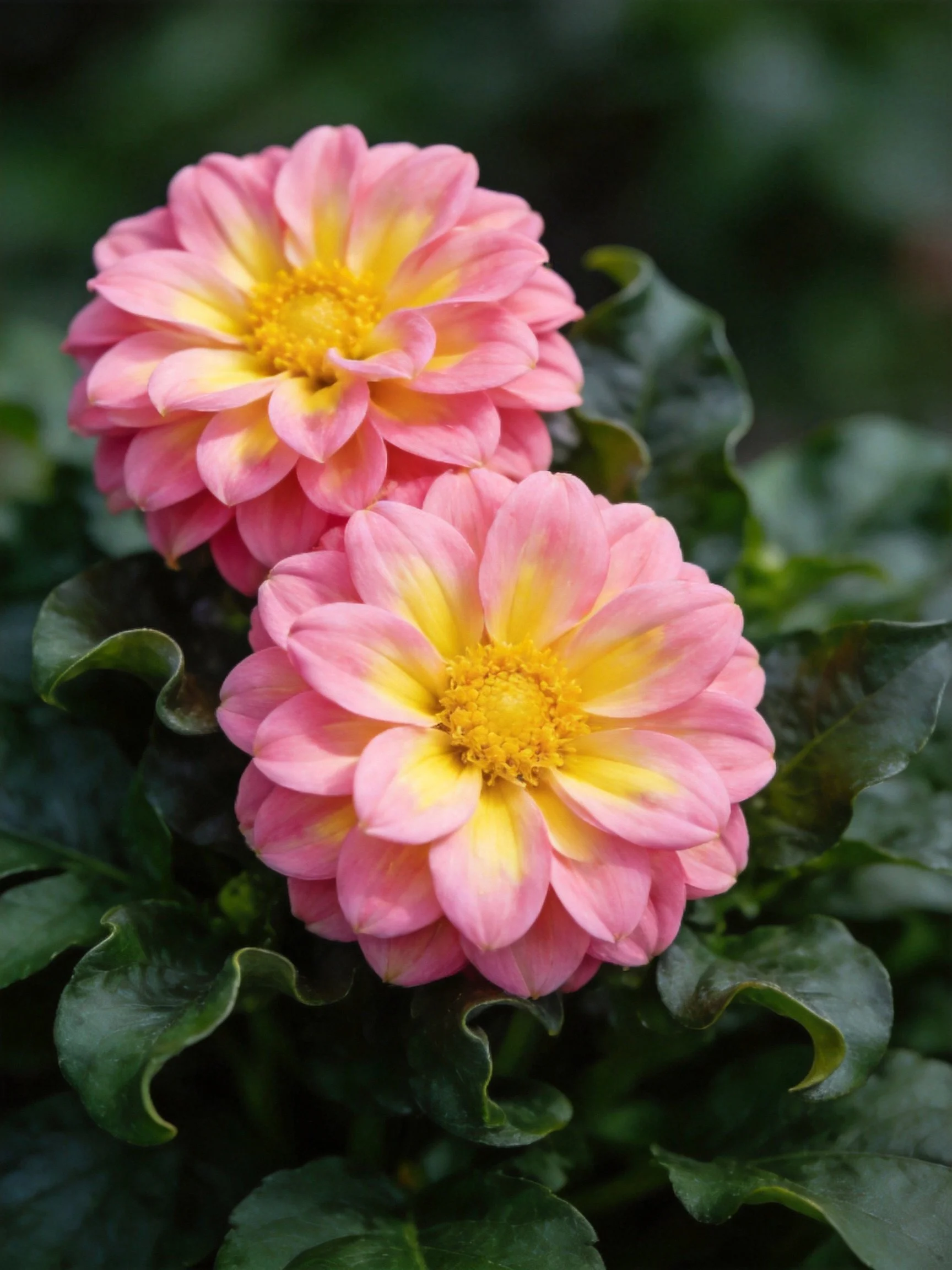 Two pink and yellow dahlia blooms with dark green foliage