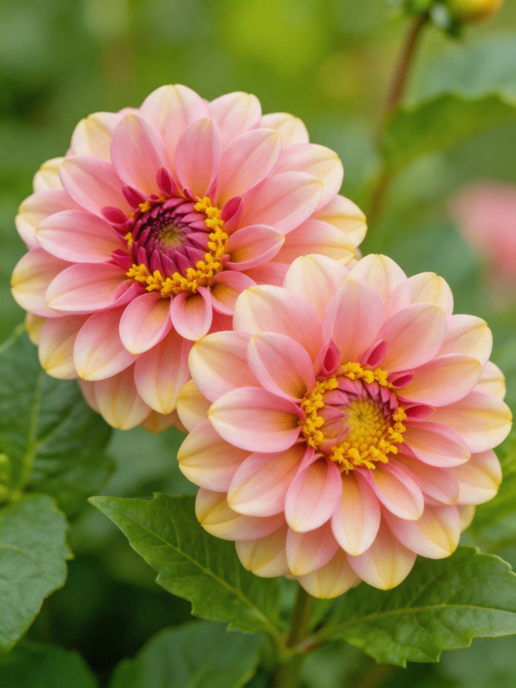 Two pink and yellow dahlia blooms with lush green foliage