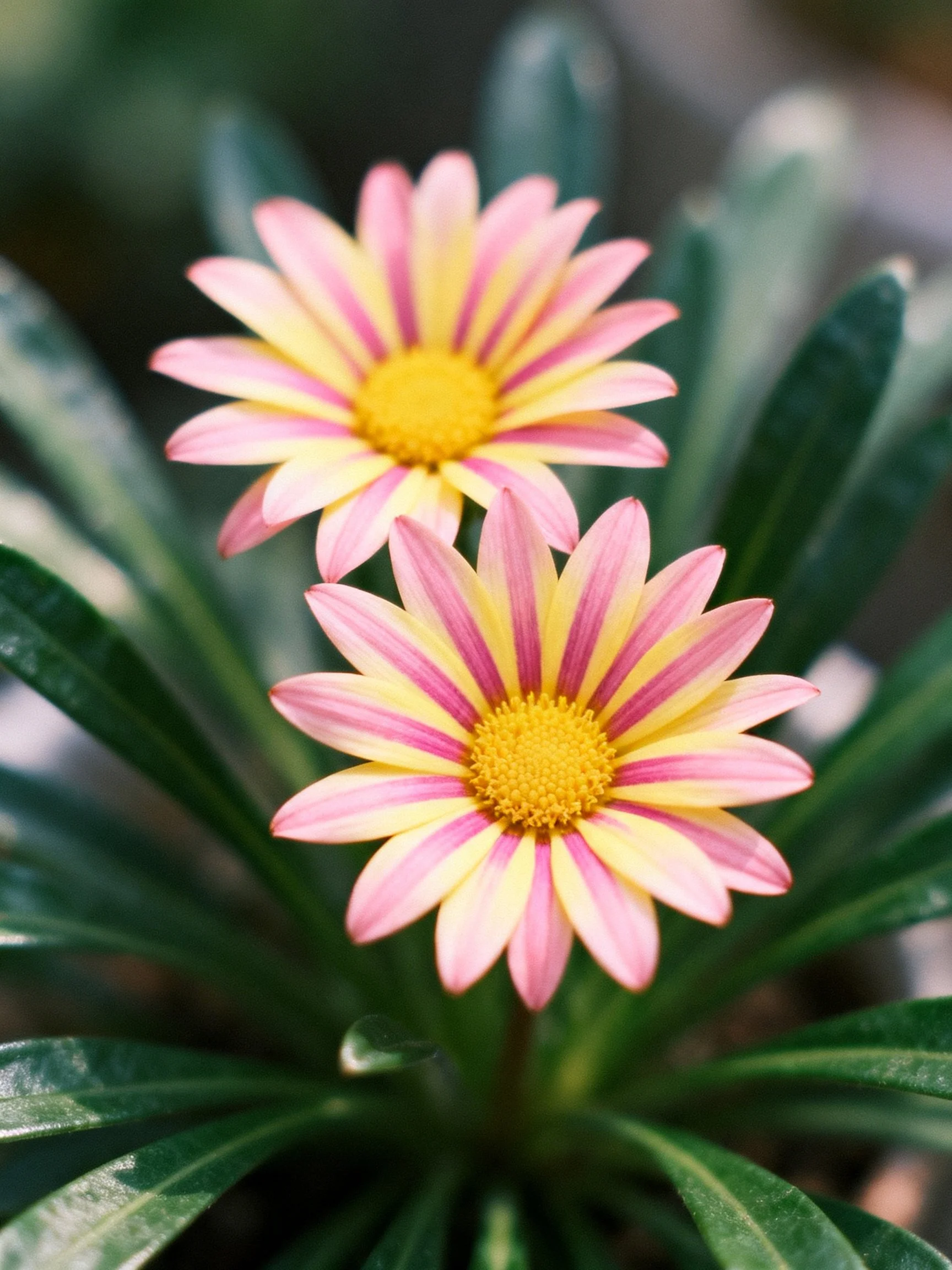 Two pink and yellow striped daisy blooms with green foliage