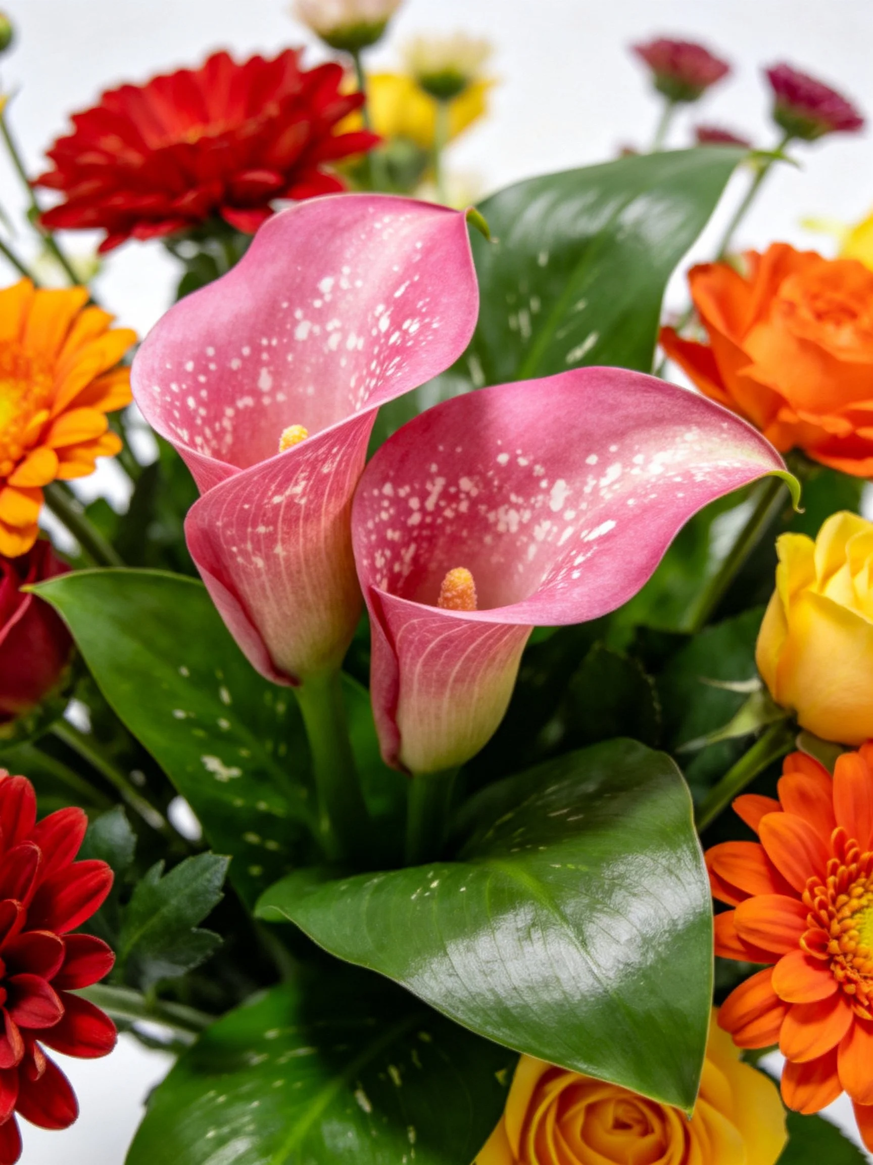 Two pink calla lilies amid colorful mixed flowers