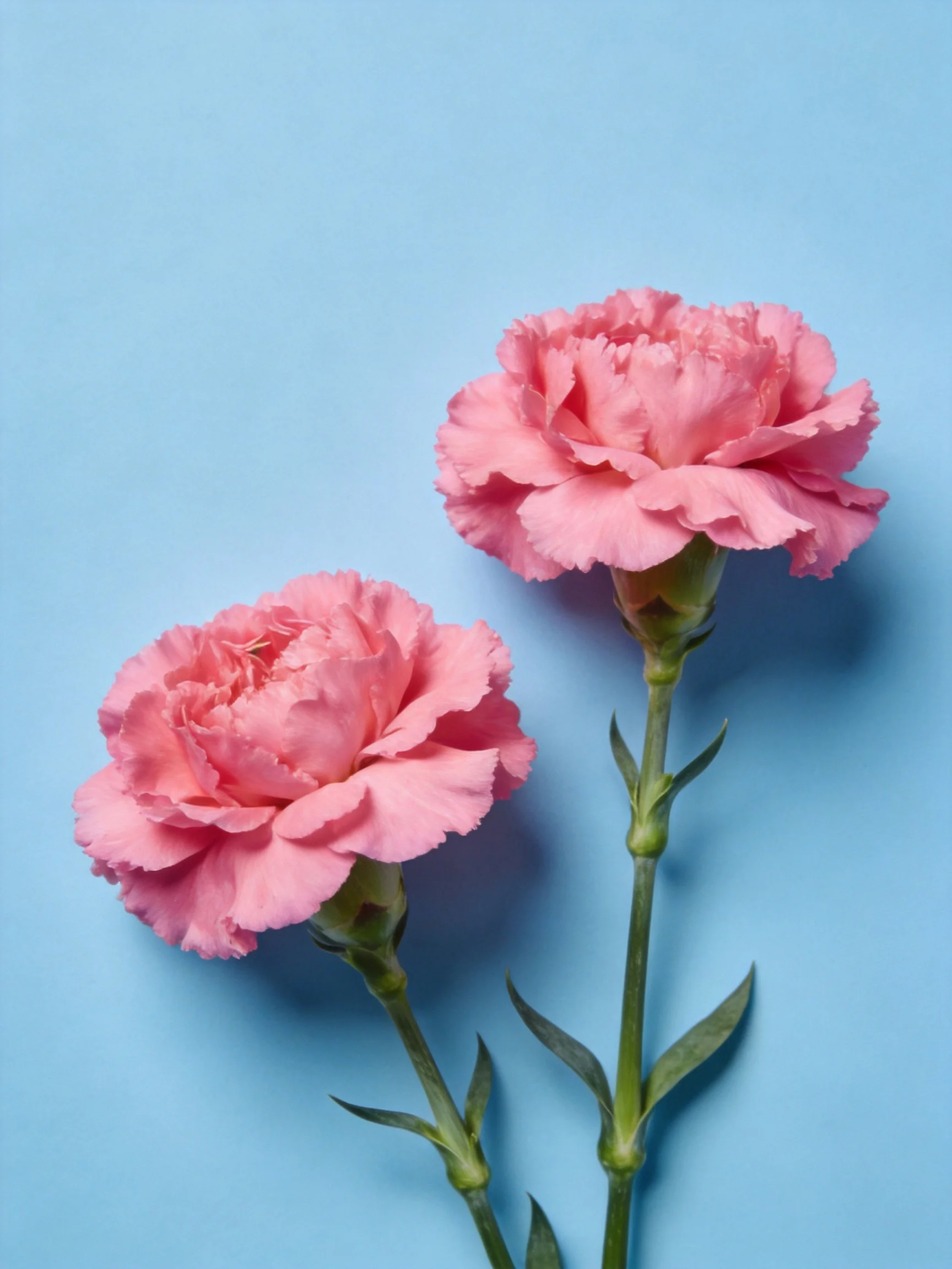 Two pink carnations arranged on a solid blue background