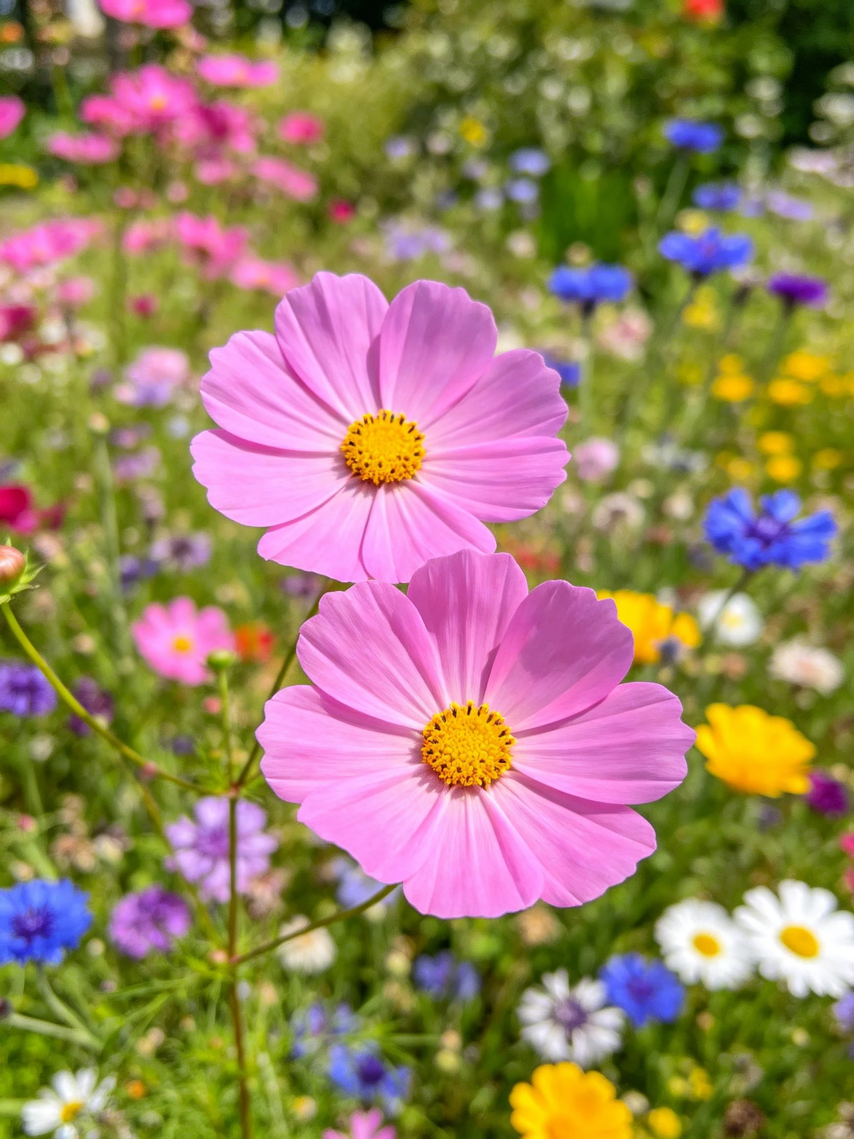 Two pink cosmos flowers amid colorful wildflowers
