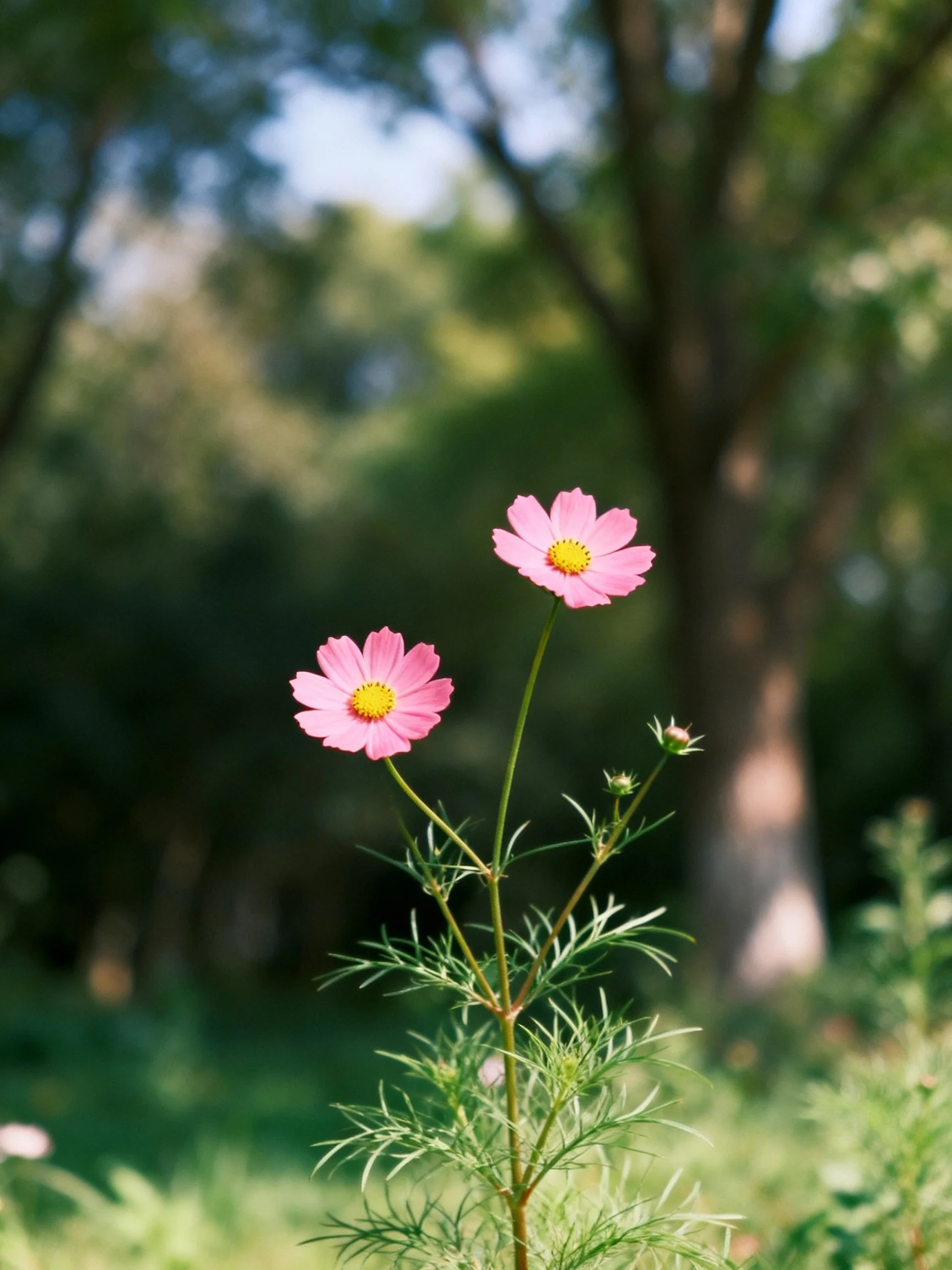 Two pink cosmos flowers with green foliage near trees