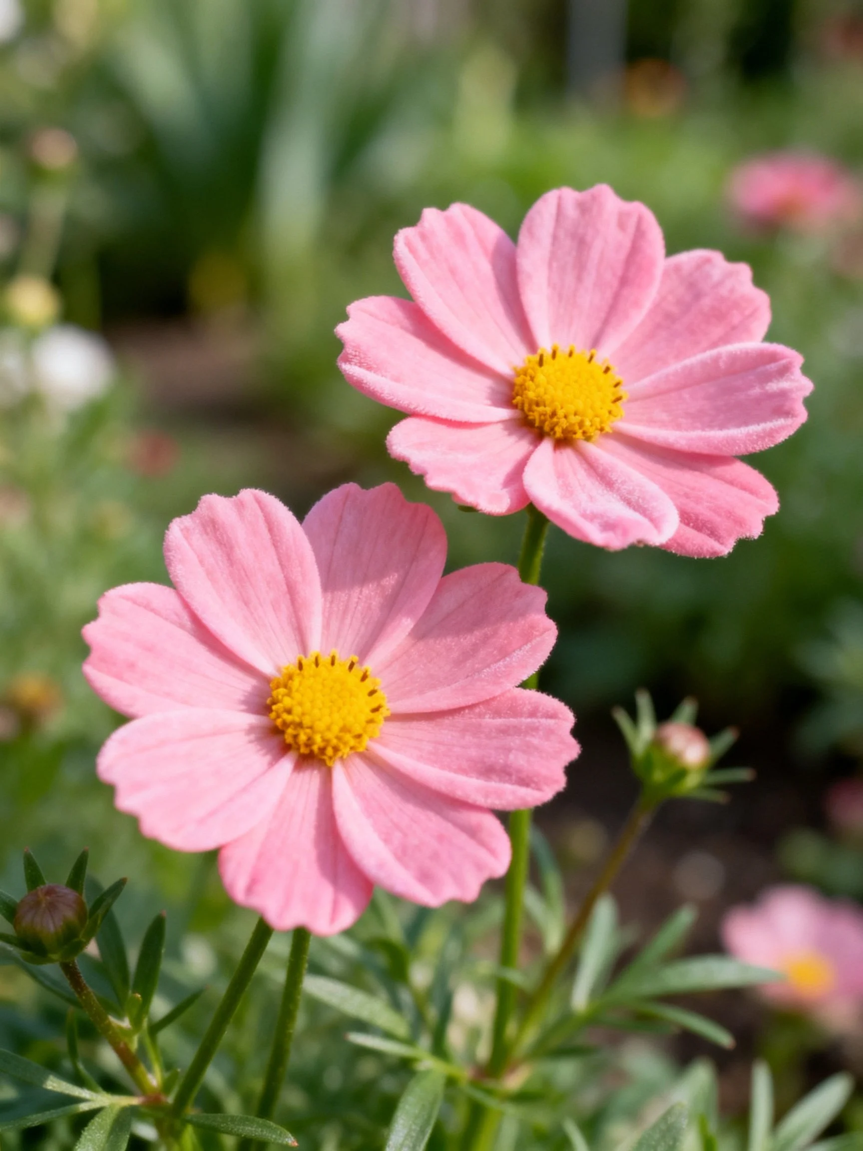 Two pink cosmos flowers with yellow centers in a garden