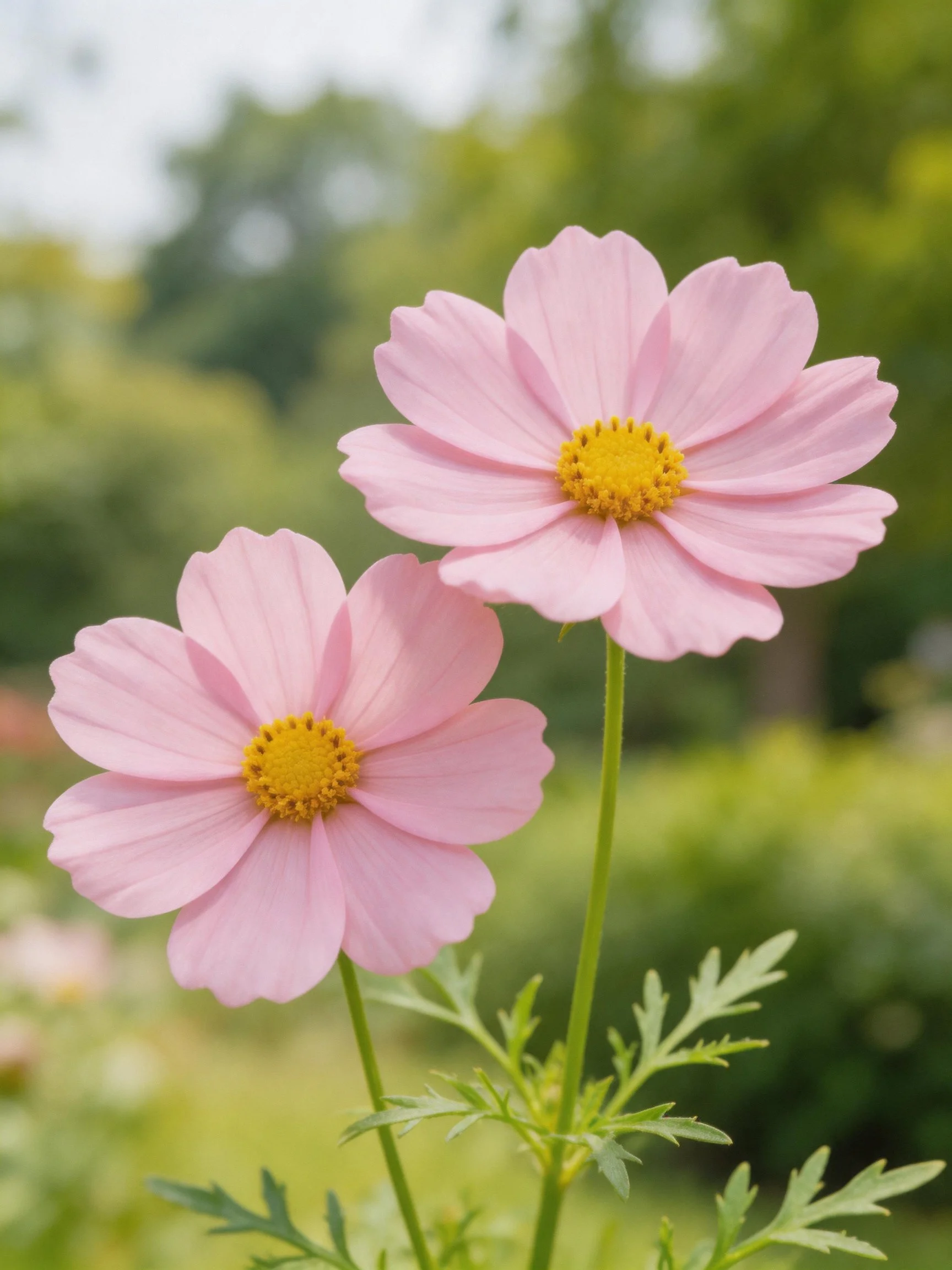 Two pink cosmos flowers with yellow centers in a garden