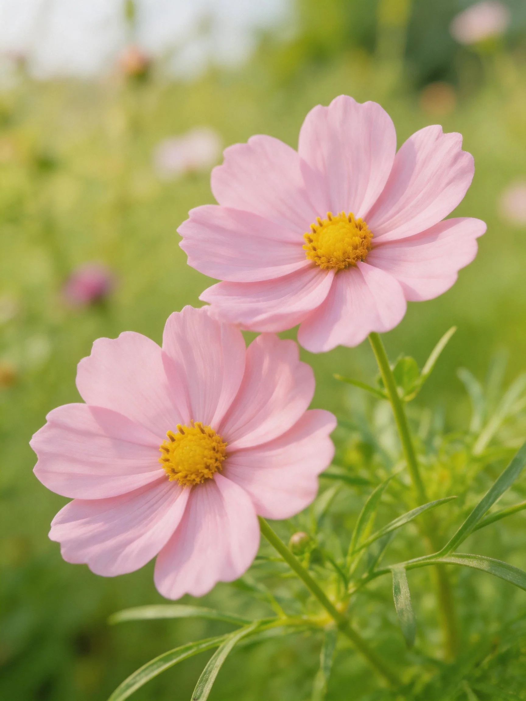 Two pink cosmos flowers with yellow centers in a green field