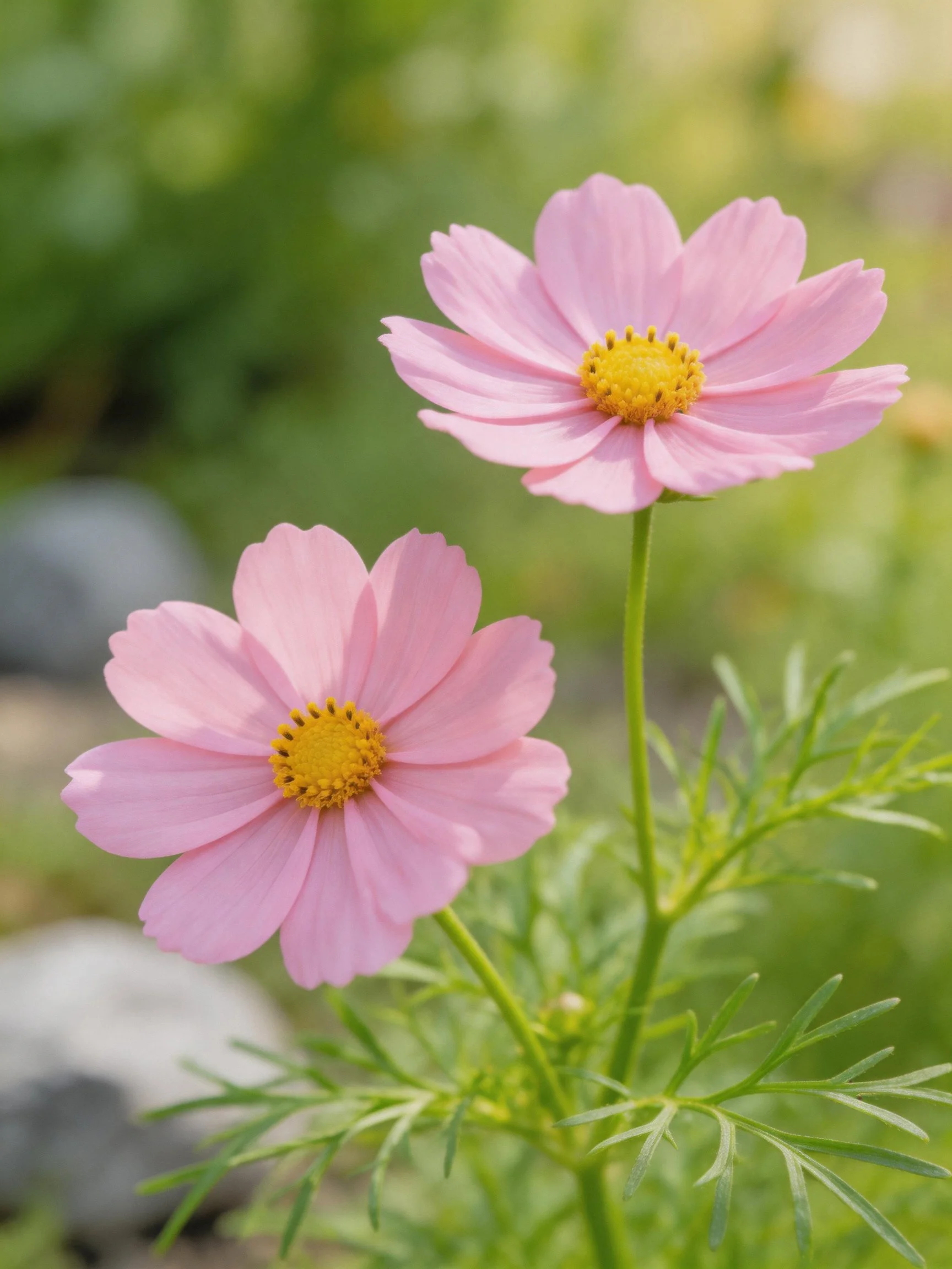 Two pink cosmos flowers with yellow centers in a green garden