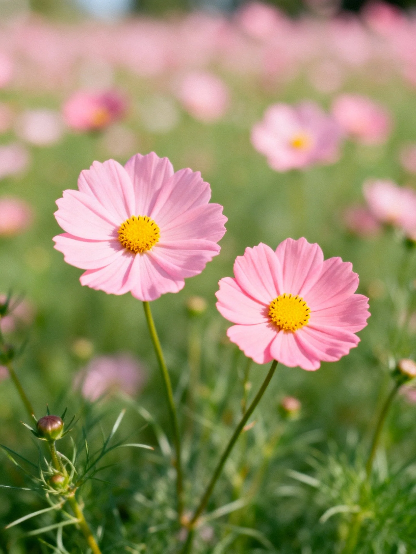 Two pink cosmos flowers with yellow centers