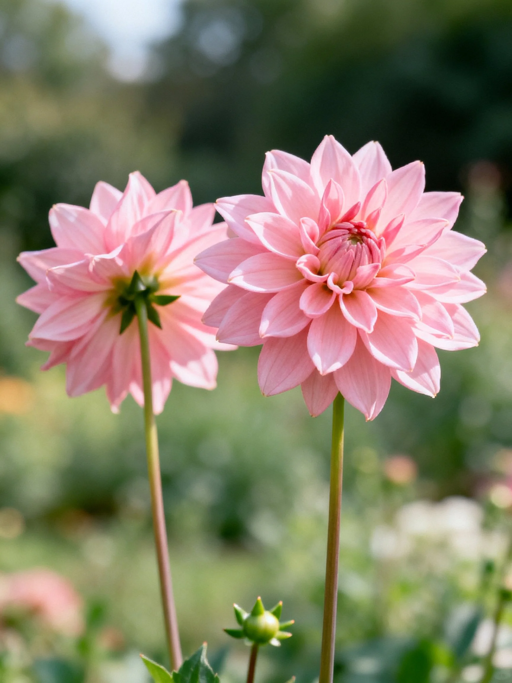 Two pink dahlia blooms in a sunlit garden