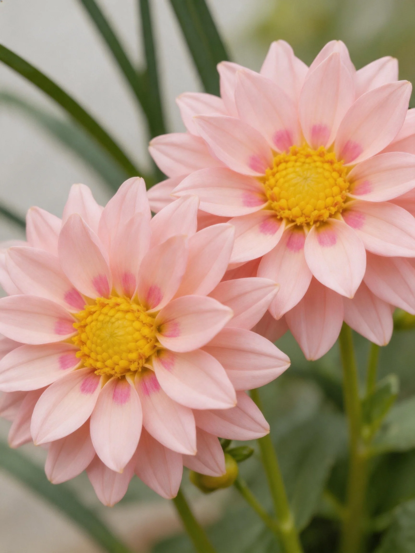 Two pink dahlia flowers with yellow centers near green foliage