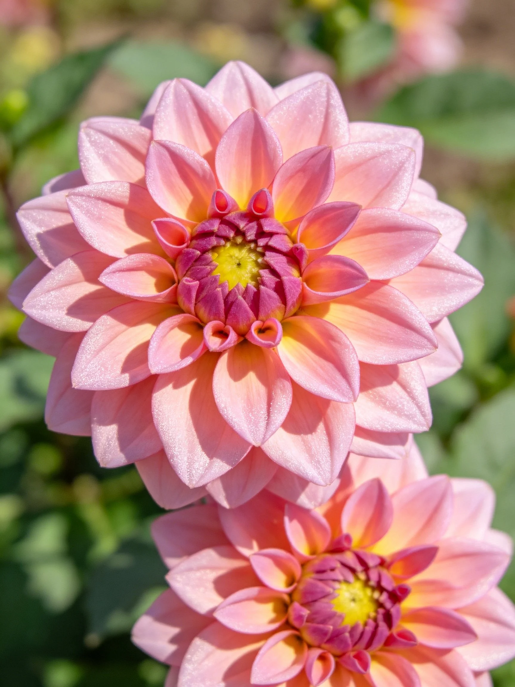 Two pink dahlias with yellow and purple centers