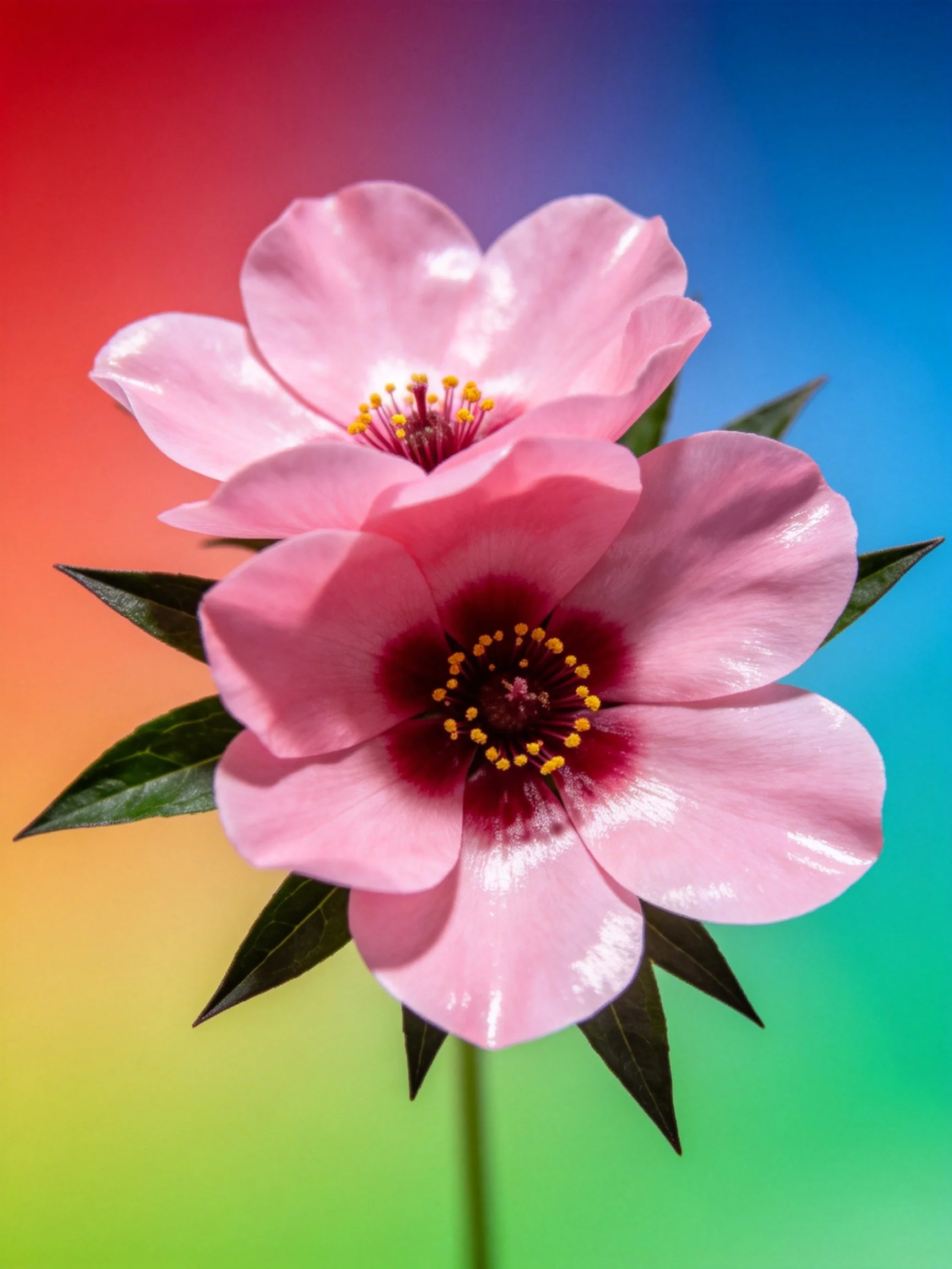 Two pink flowers with dark centers on a colorful gradient backdrop