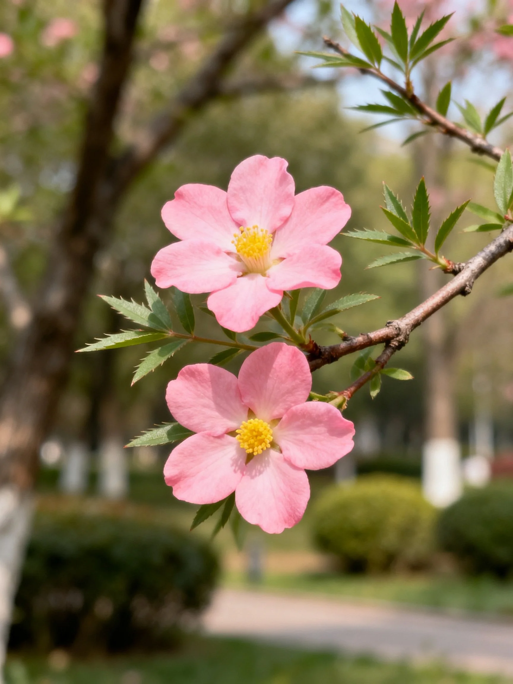 Two pink flowers with yellow centers bloom on a tree branch in a sunlit park