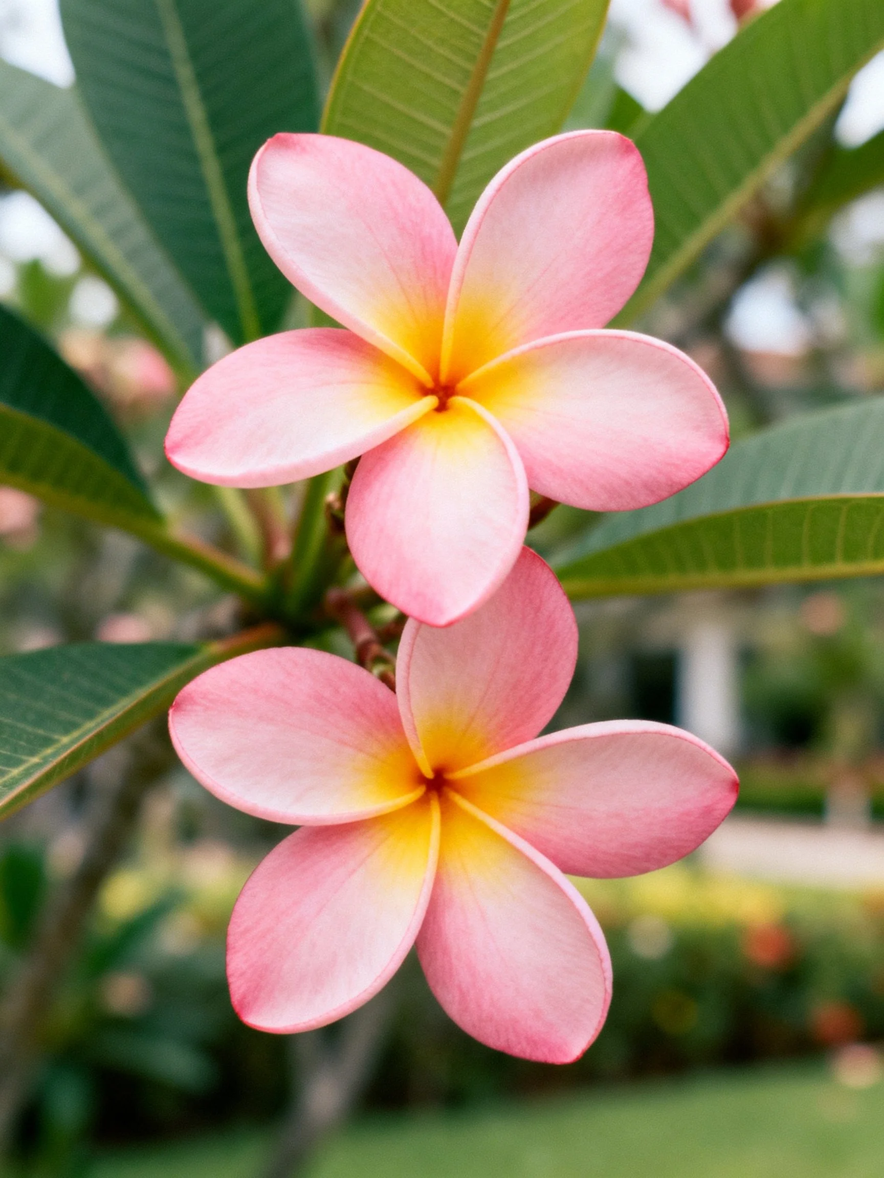 Two pink frangipani flowers with yellow centers amid elongated green leaves