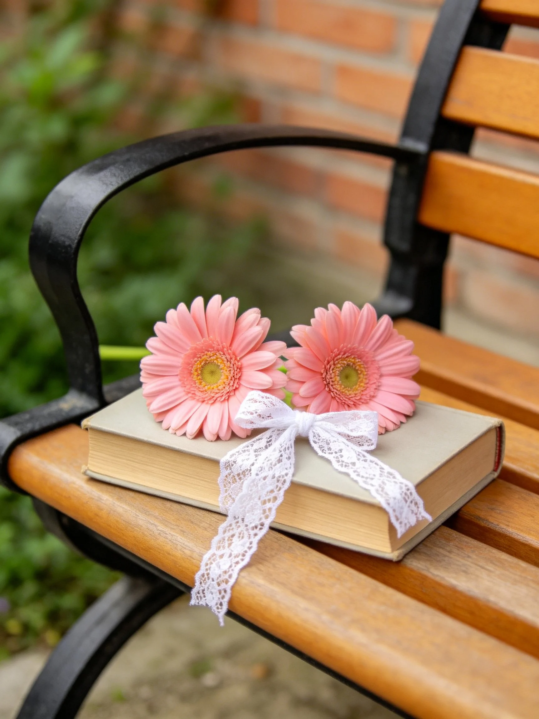 Two pink gerbera daisies rest on a lace-tied book on a wooden bench