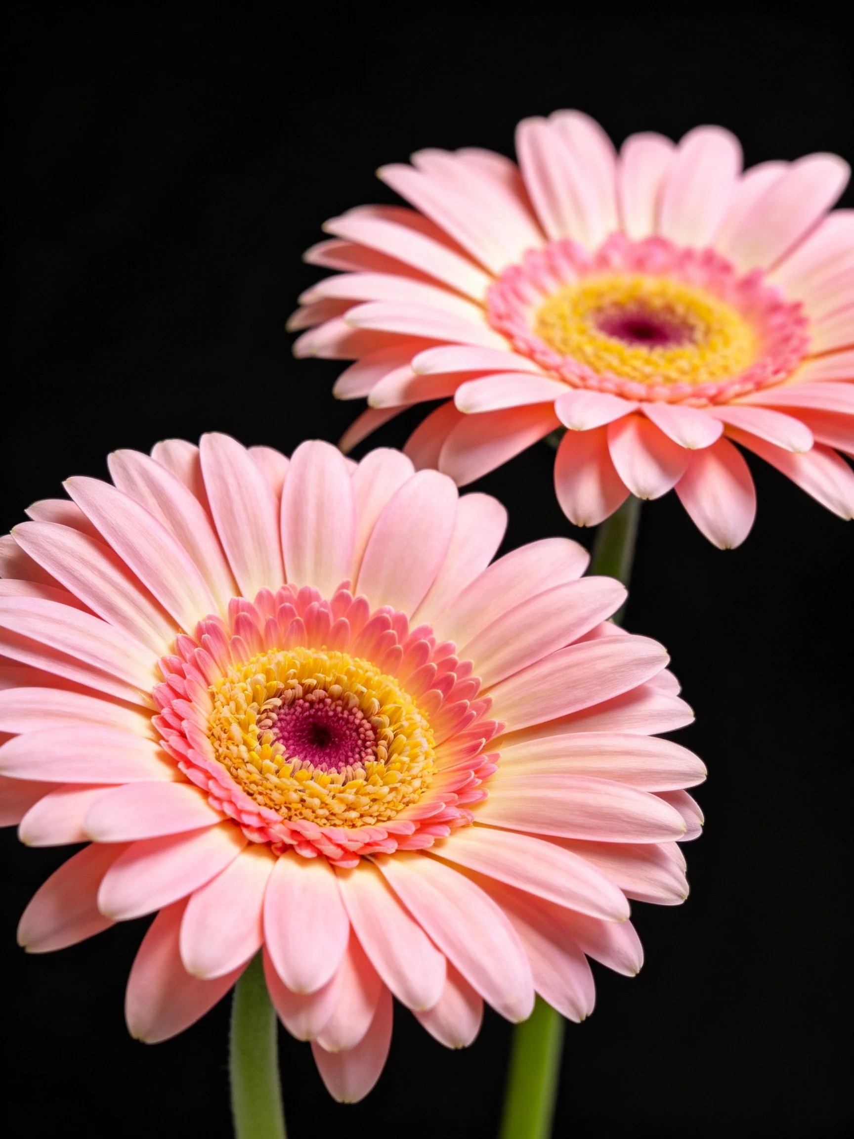 Two pink gerbera daisies with vibrant yellow centers against a black backdrop