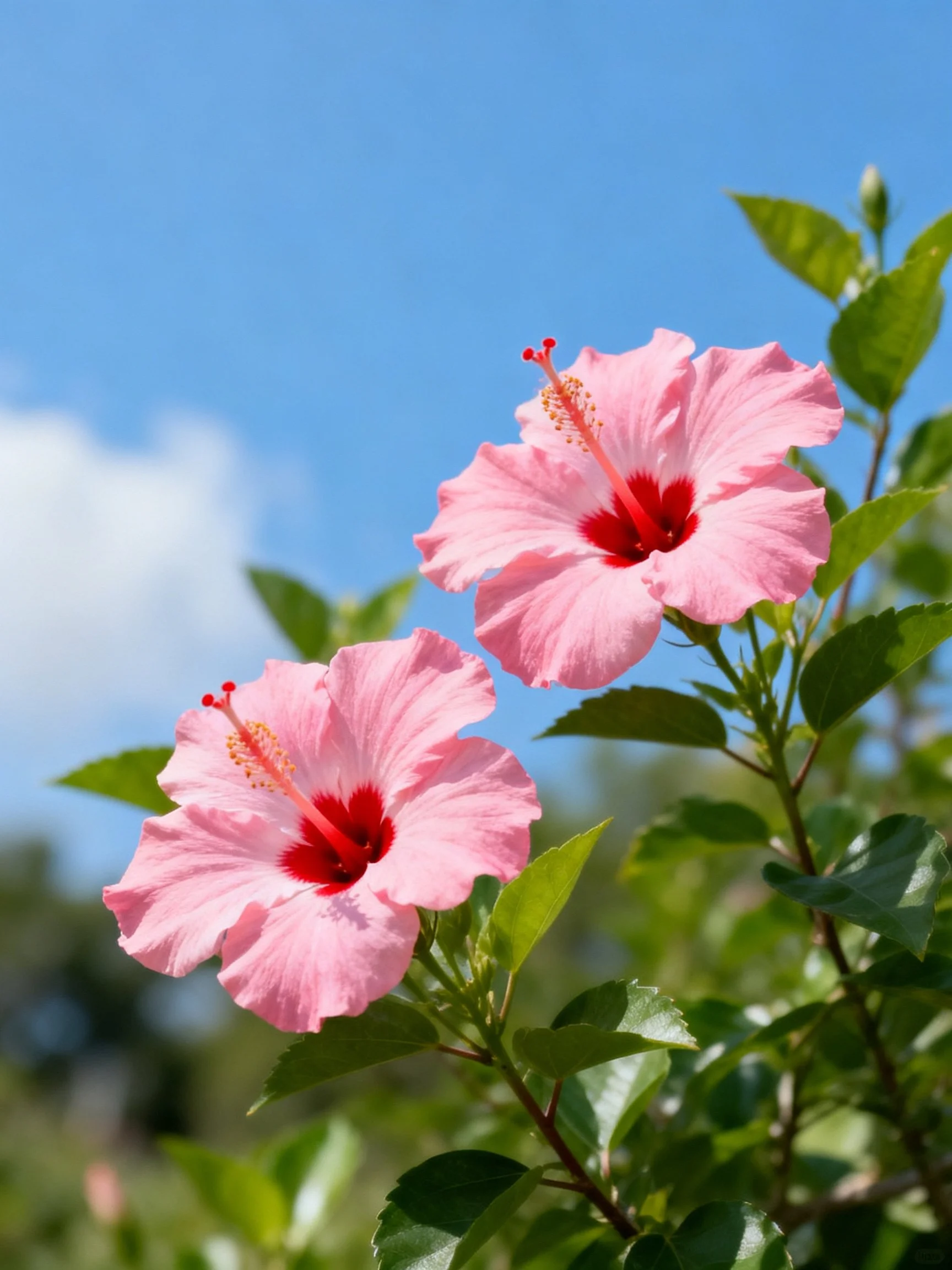 Two pink hibiscus blooms with red centers against a clear blue sky