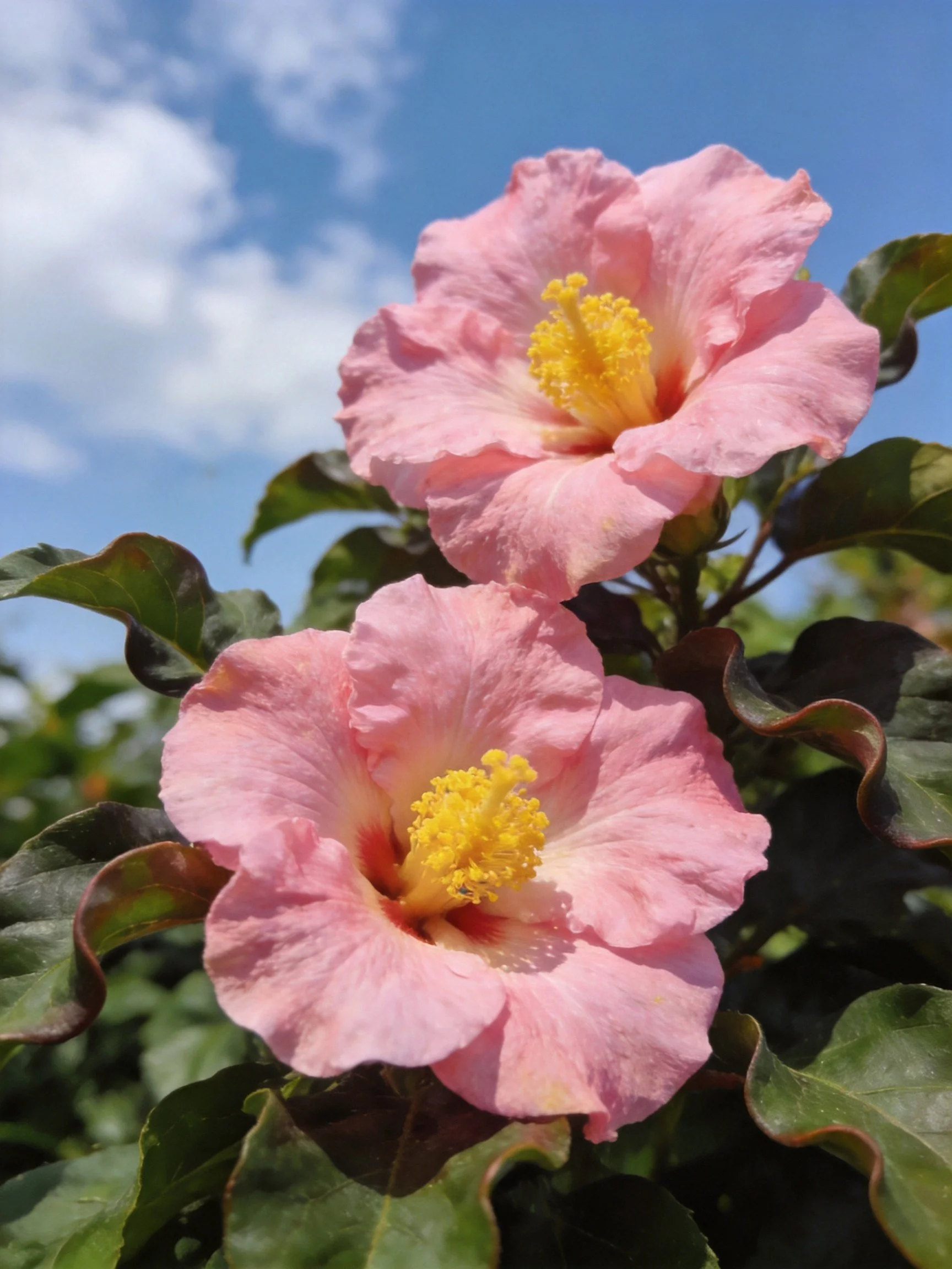 Two pink hibiscus flowers with yellow stamens against a blue sky