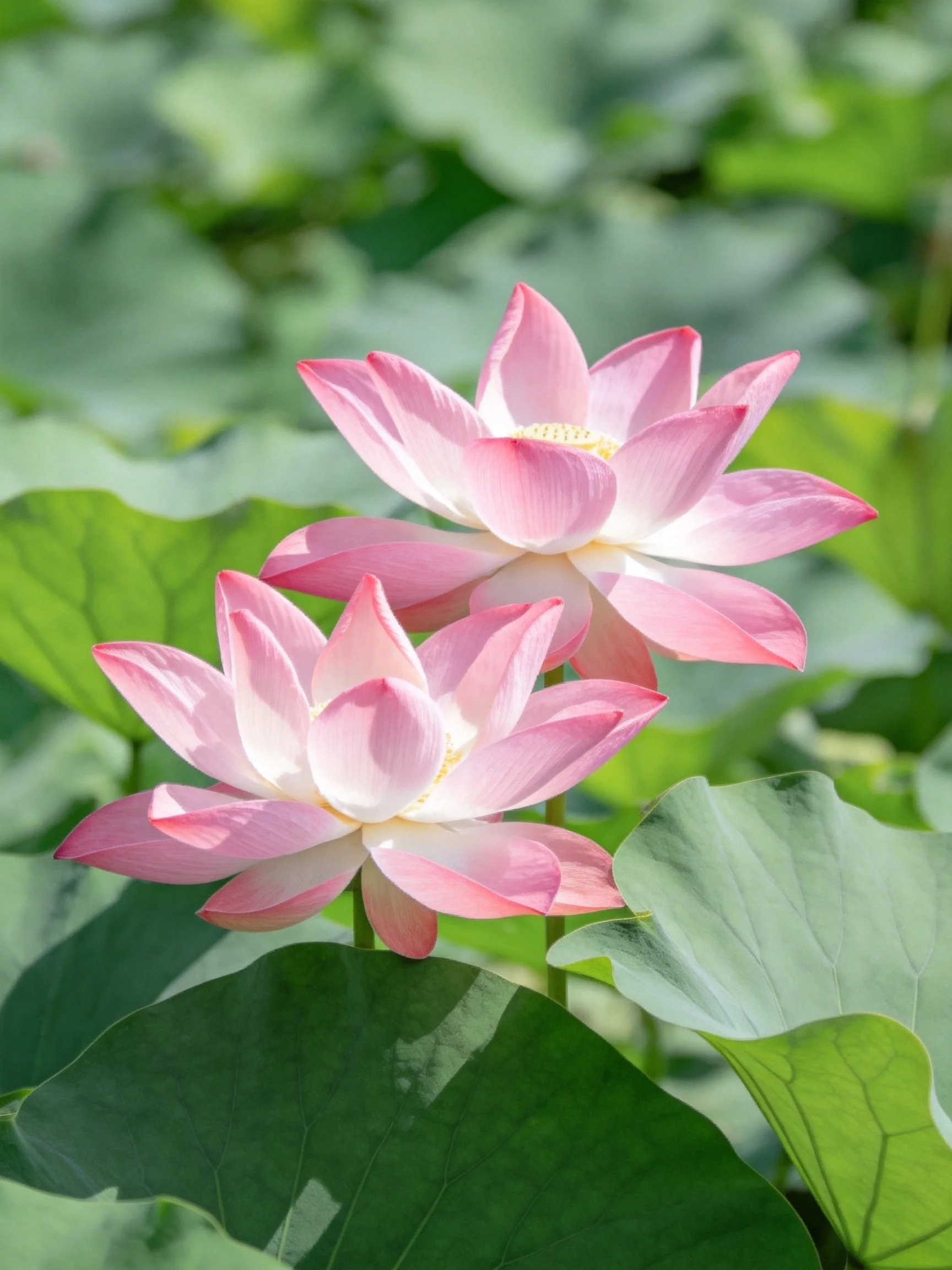 Two pink lotus blooms nestled among broad green leaves
