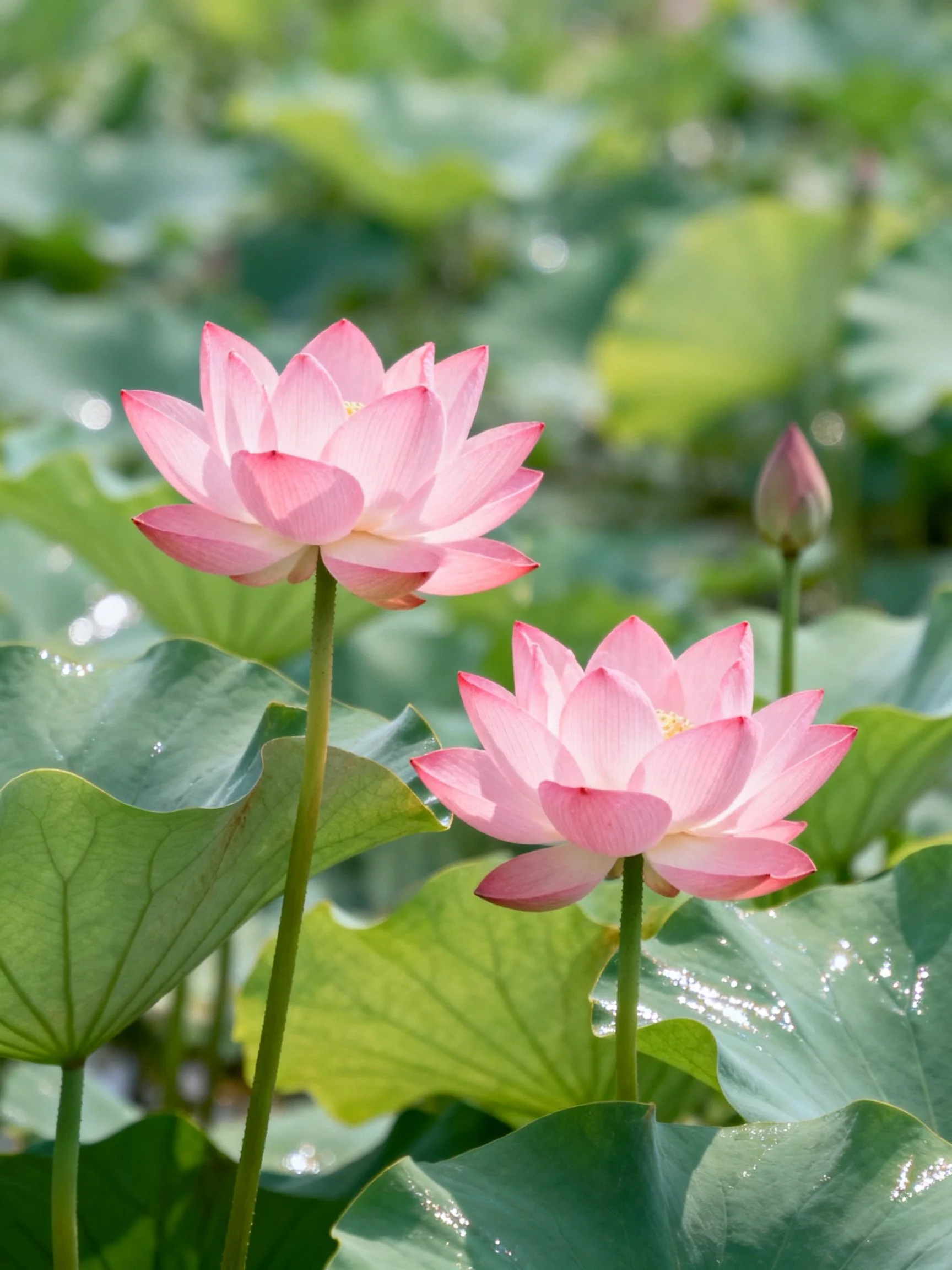 Two pink lotus blooms with large green leaves