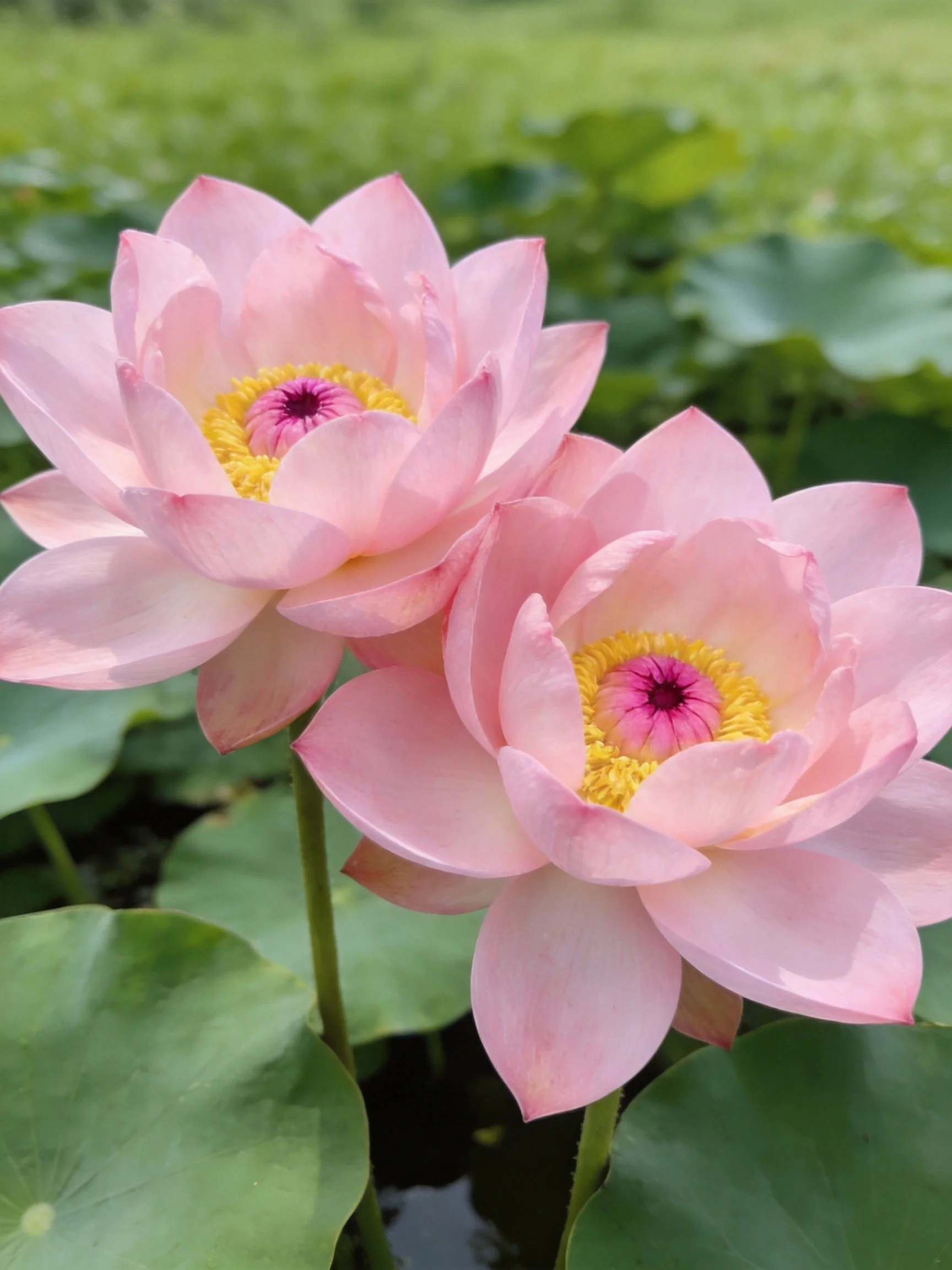 Two pink lotus blooms with yellow and purple centers