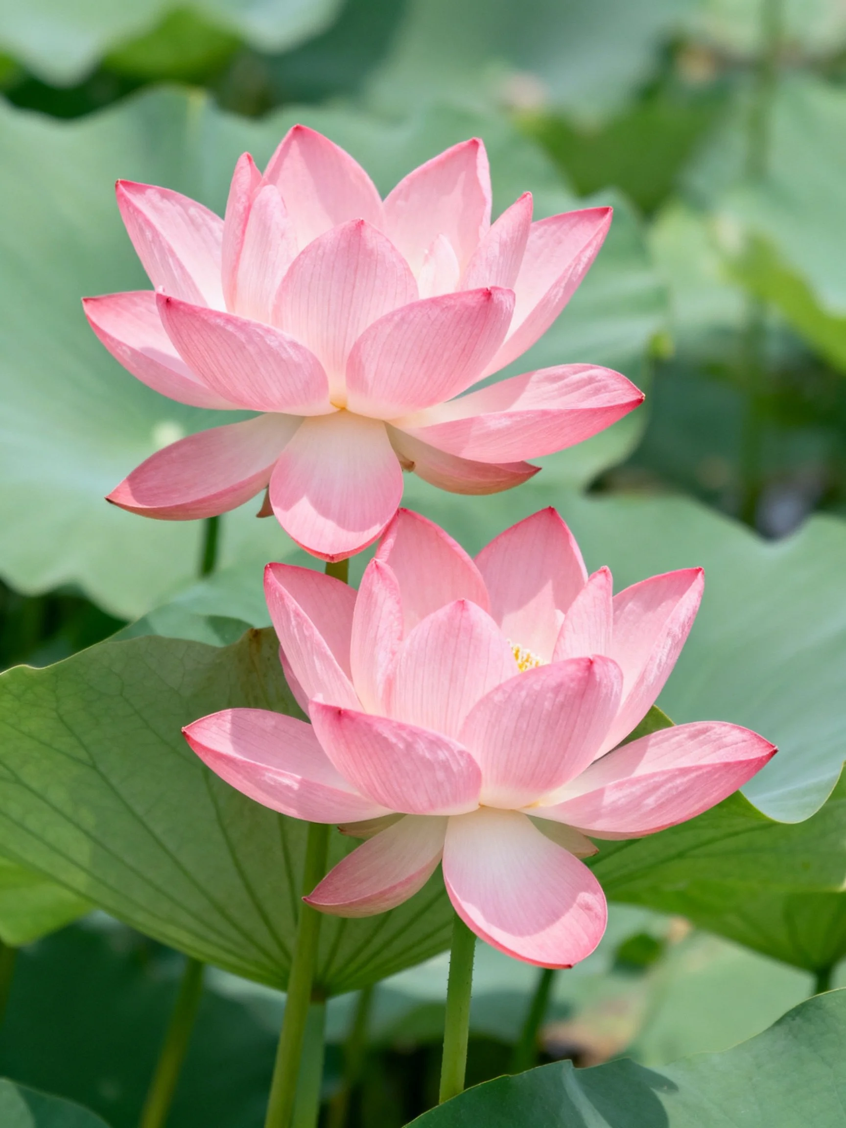 Two pink lotus flowers bloom among large green leaves