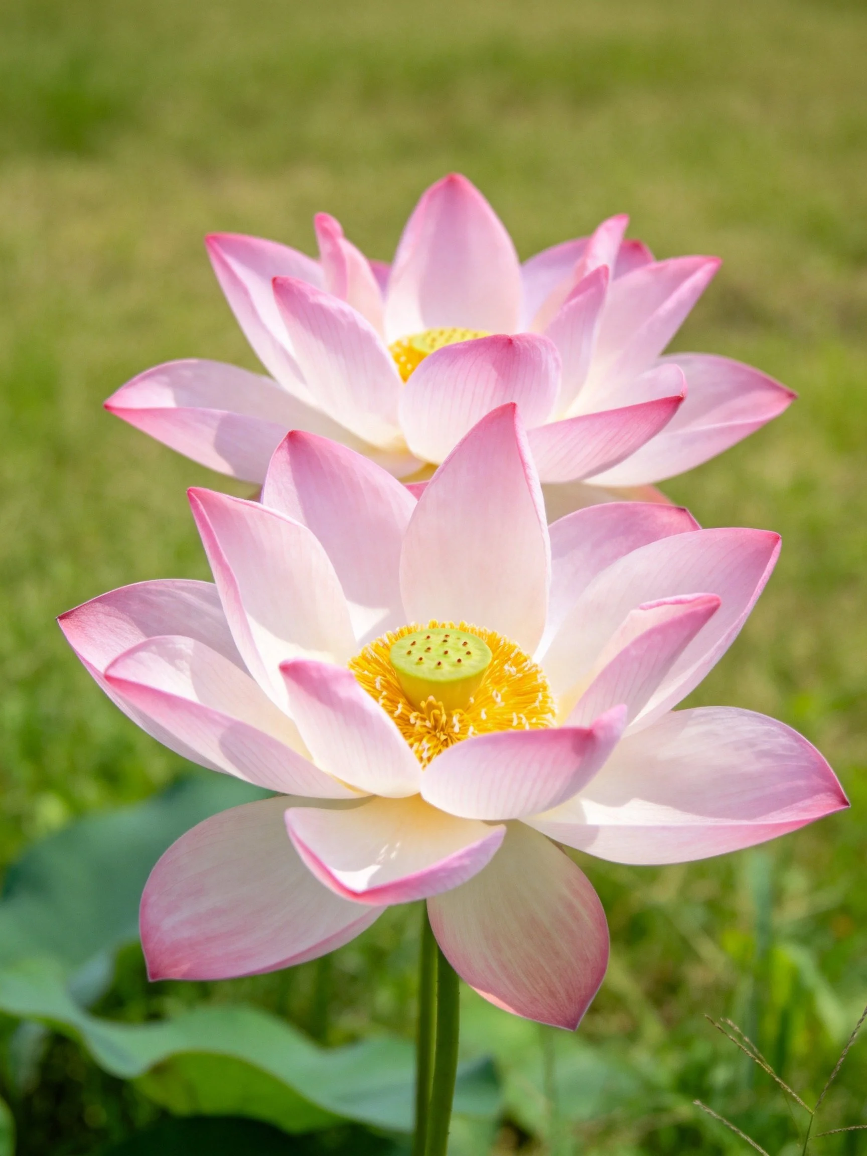 Two pink lotus flowers display soft petals and yellow centers