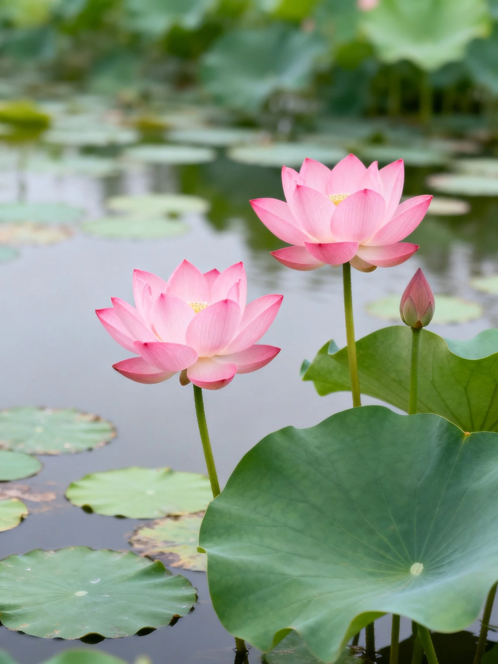 Two pink lotuses bloom among green lily pads over calm water