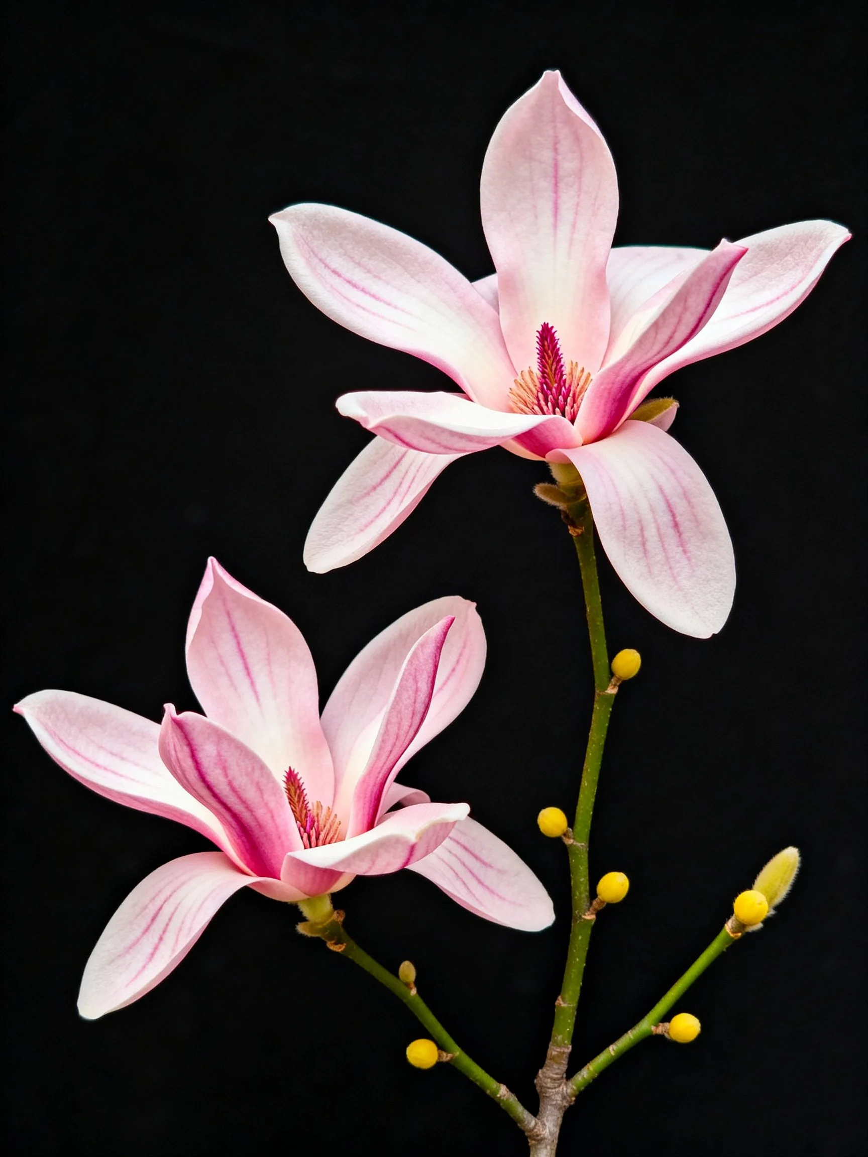Two pink magnolia blooms with yellow buds on green stems