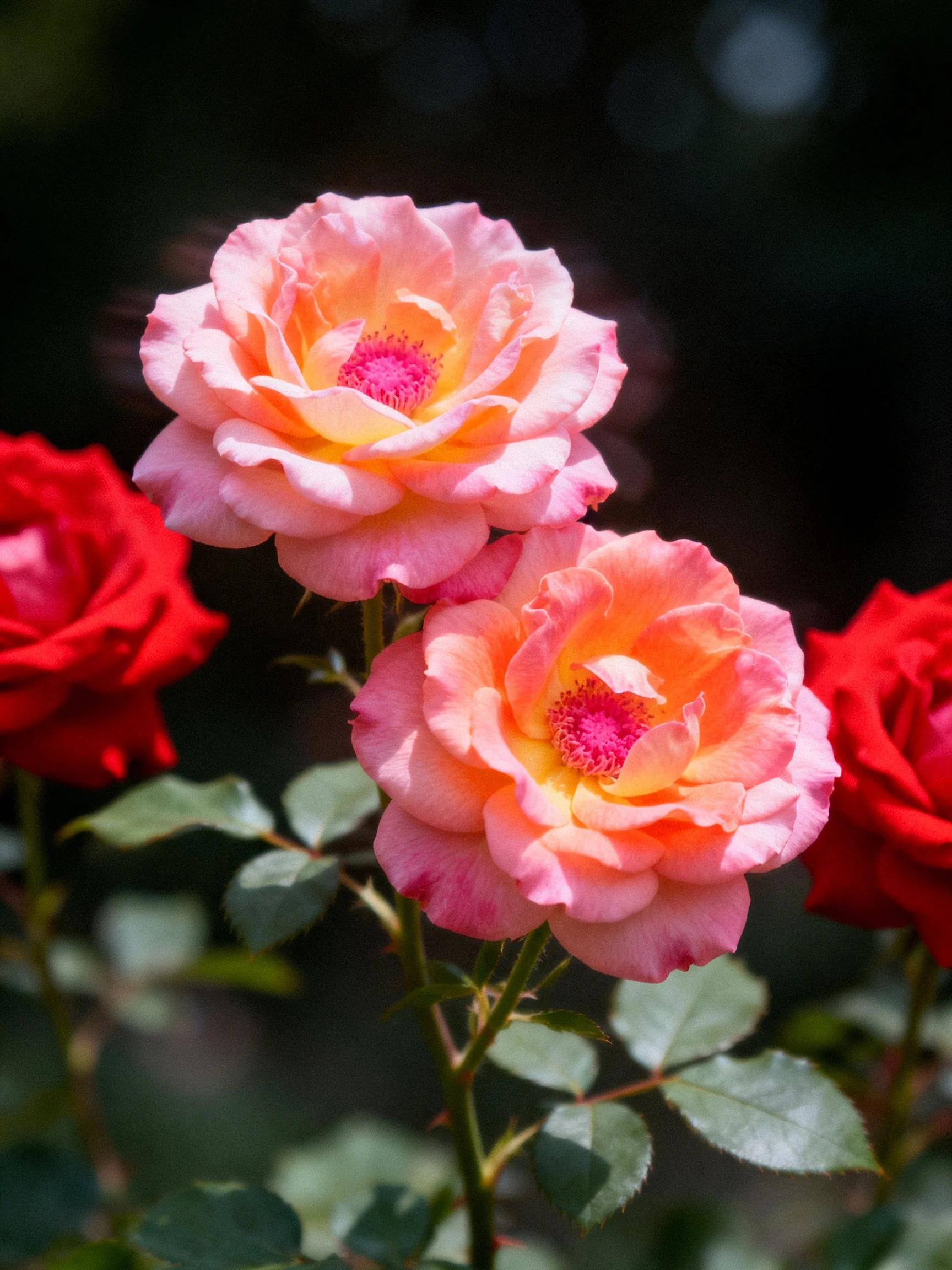 Two pink-orange roses, two red roses, and green leaves form a floral arrangement.
