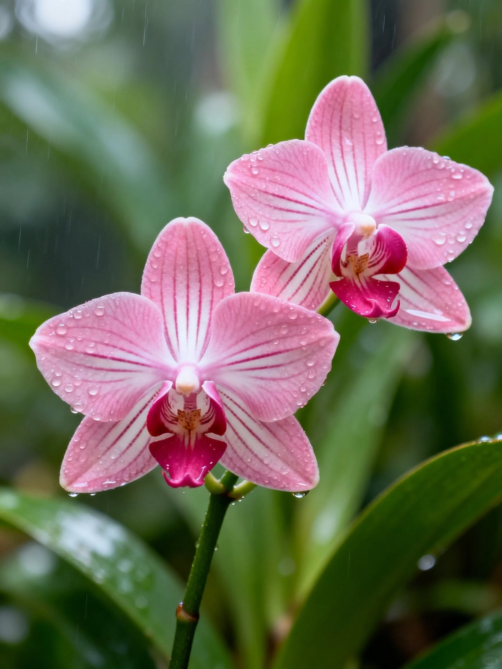 Two pink orchid blooms with water droplets amid green foliage in rain