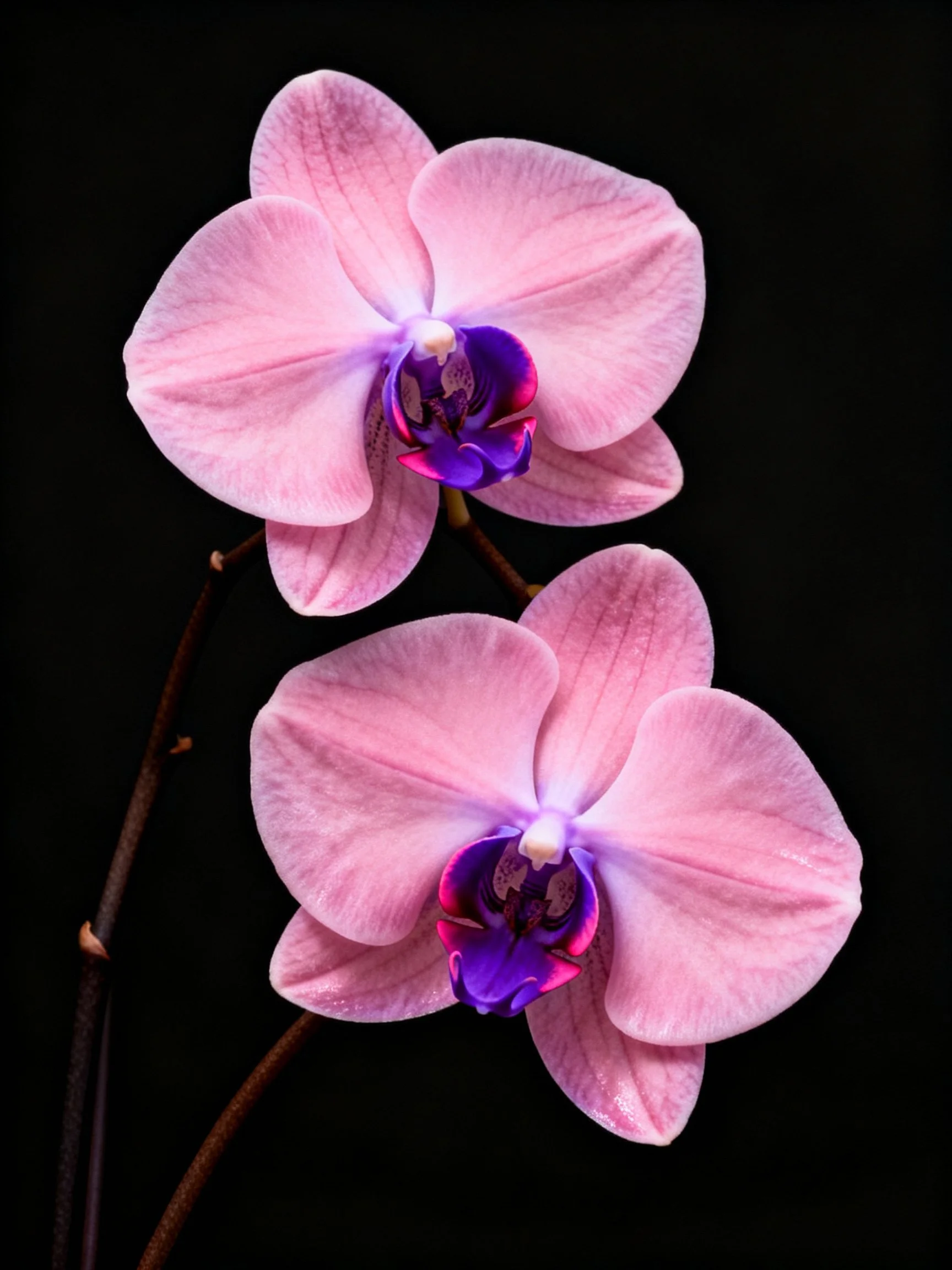 Two pink orchids with deep purple centers on dark stems