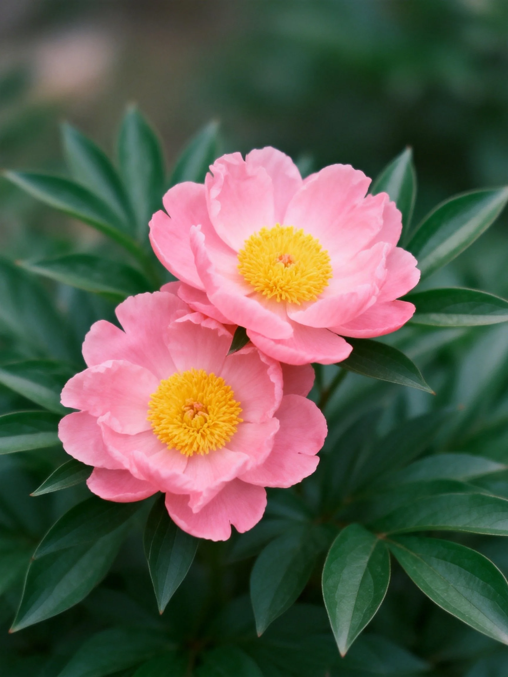 Two pink peonies with yellow centers amid green leaves