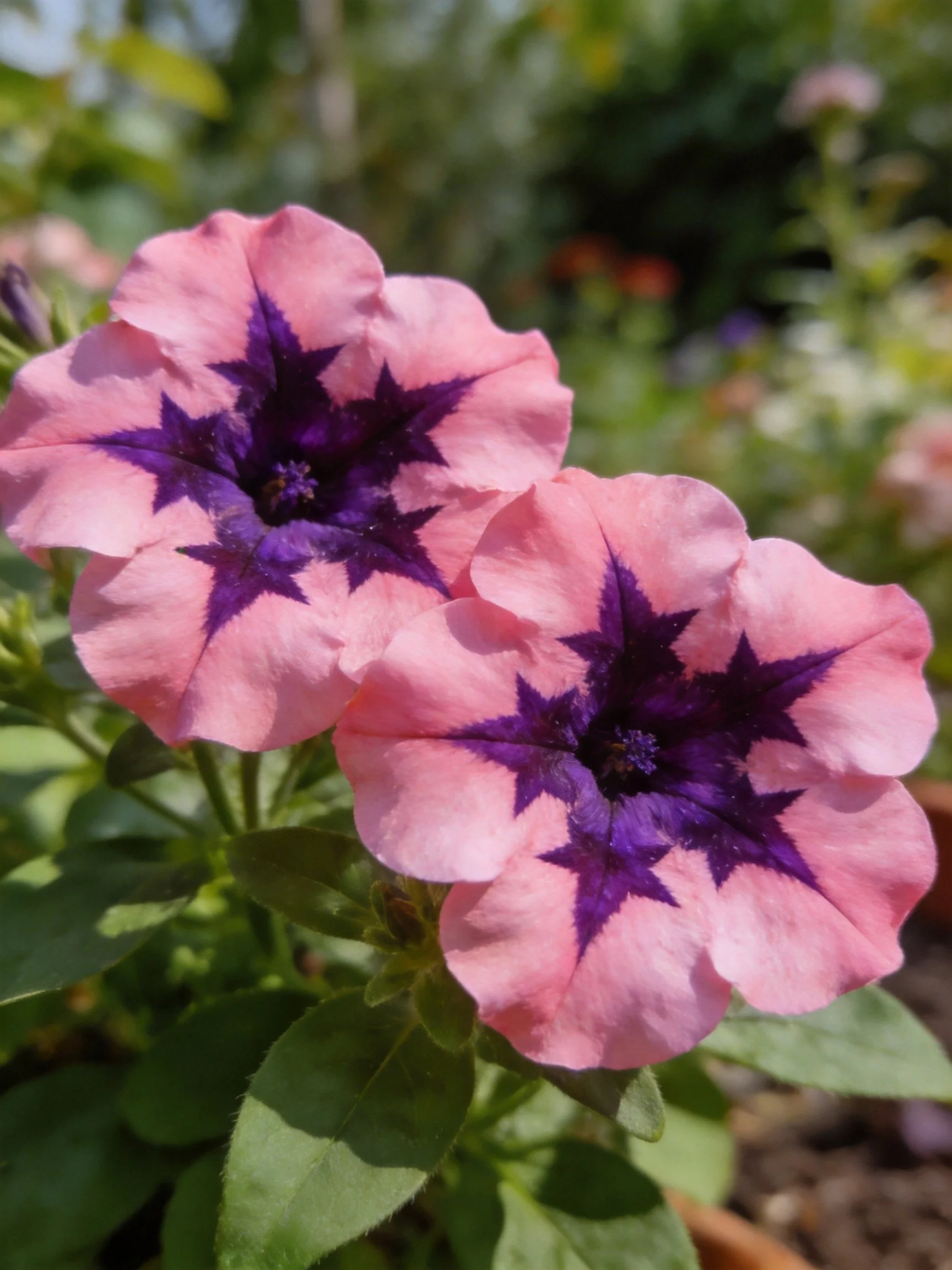 Two pink petunia flowers with dark purple star centers
